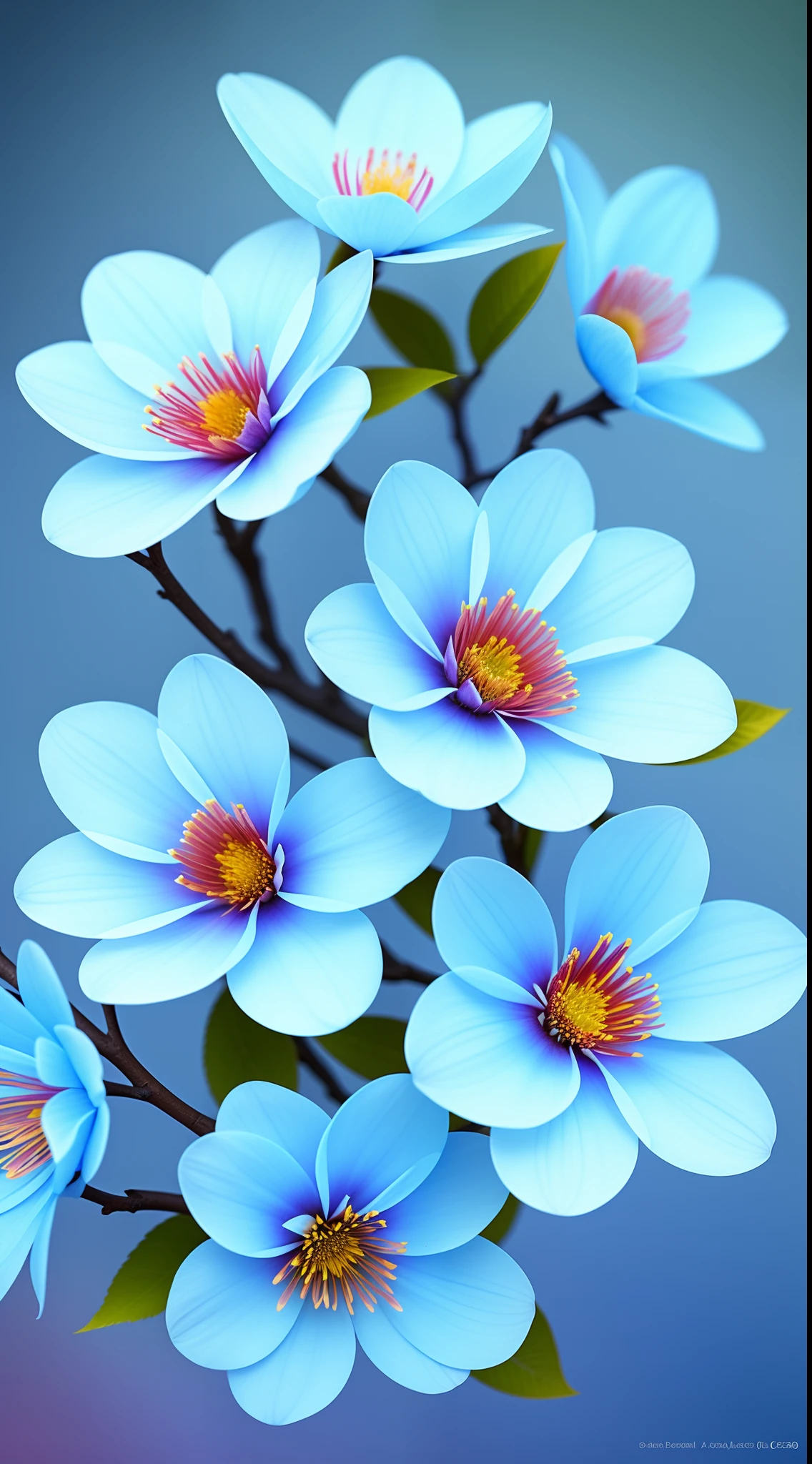 Close-up of a bouquet of flowers on a branch,paul barson,Light blue petals,blossoms,beautiful digital artworks,beautiful digital art,flowers and blossoms,surreal waiizi flowers,beautiful flowers,flowers in full bloom,flowers with intricate detail,Incredibly beautiful,beautiful art,beautiful composition 3 - d 4 k,gorgeous digital art,SakuraNS