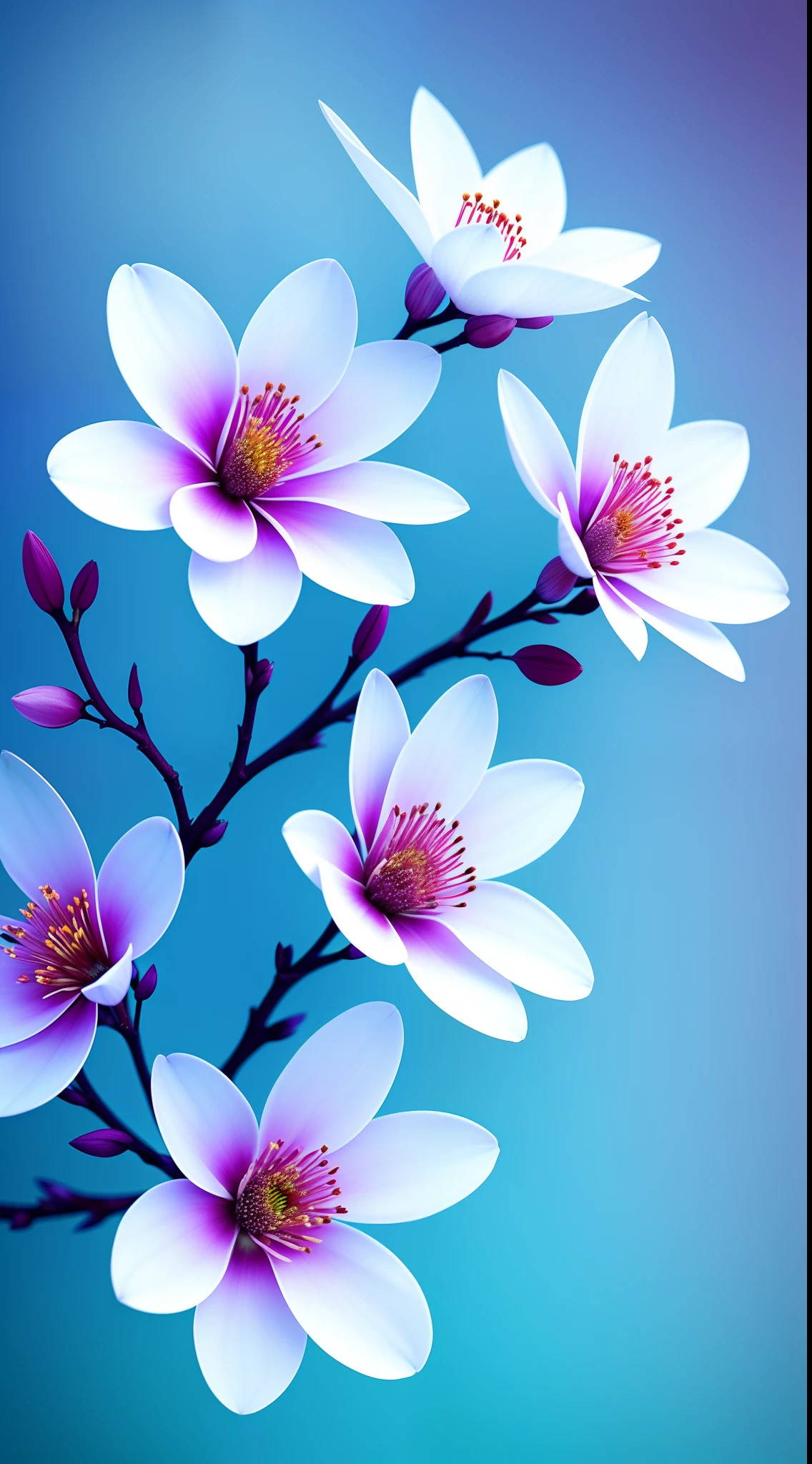 Close-up of a bouquet of flowers on a branch,paul barson,Light blue petals,blossoms,beautiful digital artworks,beautiful digital art,flowers and blossoms,surreal waiizi flowers,beautiful flowers,flowers in full bloom,flowers with intricate detail,Incredibly beautiful,beautiful art,beautiful composition 3 - d 4 k,gorgeous digital art,SakuraNS