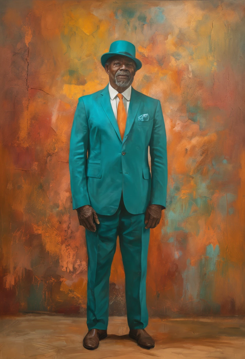 homem vestisdo de terno laranja e gravata da cor teal, ovelhas ao redor, (((visible whole body))), Olhando para o Viewer, retrato, fotografia, pele detalhada, Realistic, fotorrealista, 8k, altamente detalhado, quadro de corpo inteiro, Arte, RAW de alto detalhe, penetrante, soft and diffuse lighting, profundidade de campo rasa, foco nítido, Hiper-realismo, Cinematic lighting