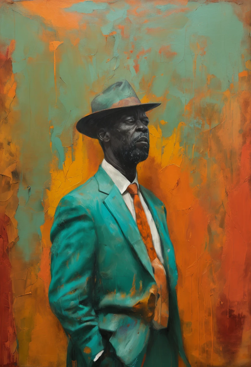 homem vestisdo de terno laranja e gravata da cor teal, ovelhas ao redor, (((visible whole body))), Olhando para o Viewer, retrato, fotografia, pele detalhada, Realistic, fotorrealista, 8k, altamente detalhado, quadro de corpo inteiro, Arte, RAW de alto detalhe, penetrante, soft and diffuse lighting, profundidade de campo rasa, foco nítido, Hiper-realismo, Cinematic lighting
