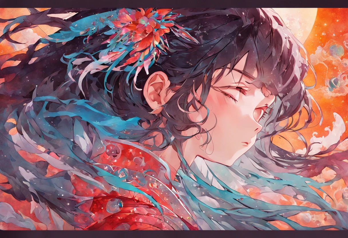 (White background:1.4),(Silhouette of a girl's head, Eyes closed, colorfull long hair, Oriental elements)，(Chinese illustration:1.3，paper art:1.3, Quilted paper art:1.2),( reasonable design, Clear lines, High sharpness,Best quality, Very detailed, Masterpiece, movie light effect, 4K )