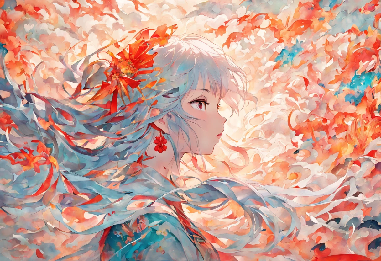 (White background:1.4),(Silhouette of a girl's head, Eyes closed, colorfull long hair, Oriental elements)，(Chinese illustration:1.3，paper art:1.3, Quilted paper art:1.2),( reasonable design, Clear lines, High sharpness,Best quality, Very detailed, Masterpiece, movie light effect, 4K )