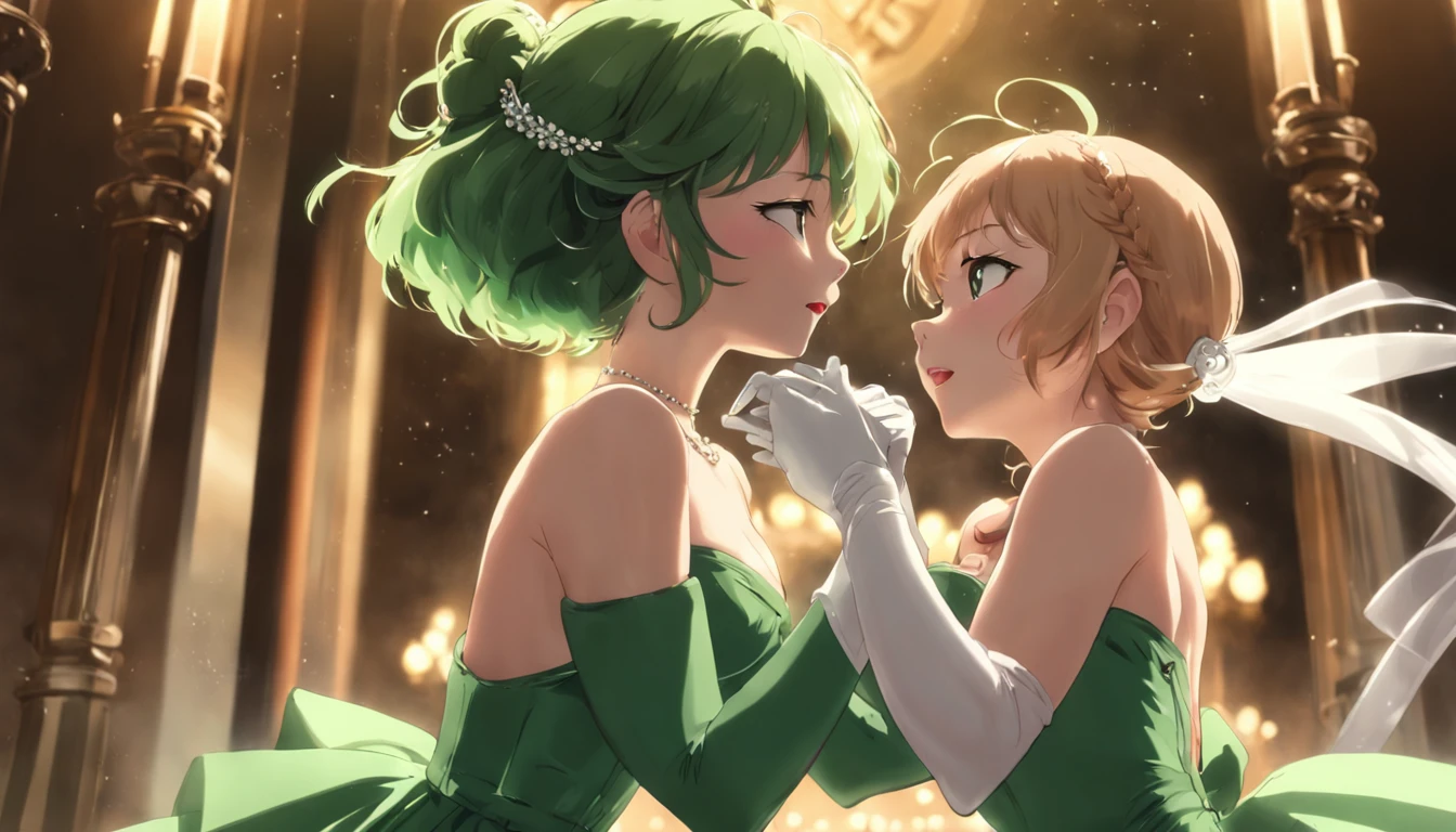Pearl Necklace, Satin green long gloves, lipsticks, Shorthair, satin, Green dress, bride, the kiss, a smile