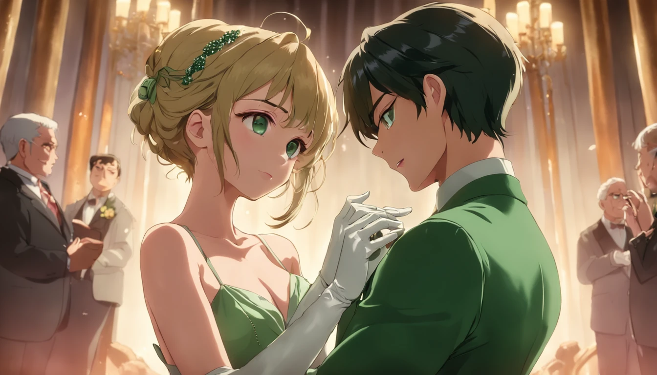 Pearl Necklace, Satin green long gloves, lipsticks, Shorthair, satin, Green dress, bride, the kiss, a smile, pregnant woman