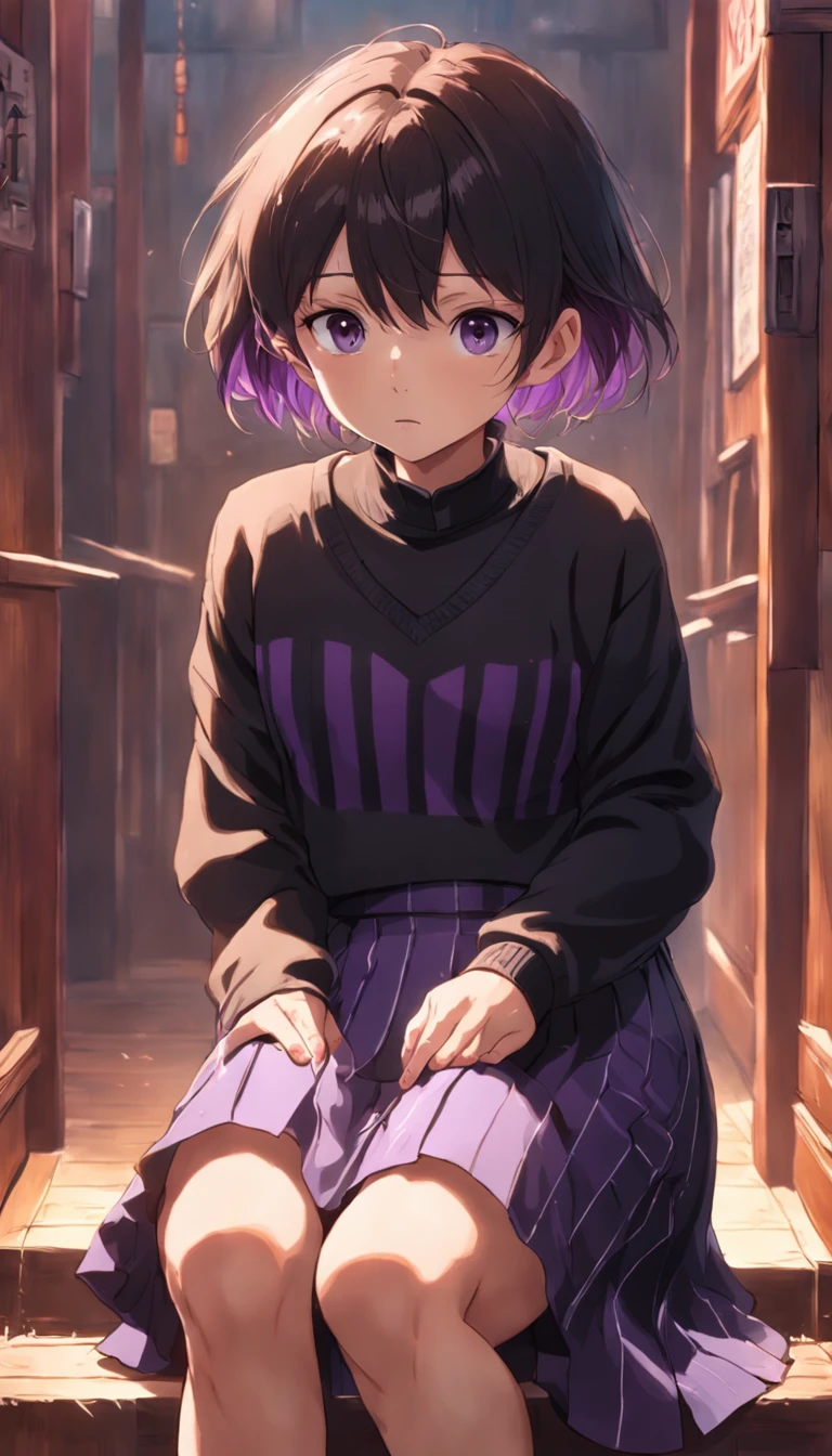 a small boy, wearing a black skirt, wearing a purple stripped sweater, sitting down in home, short brown hair
