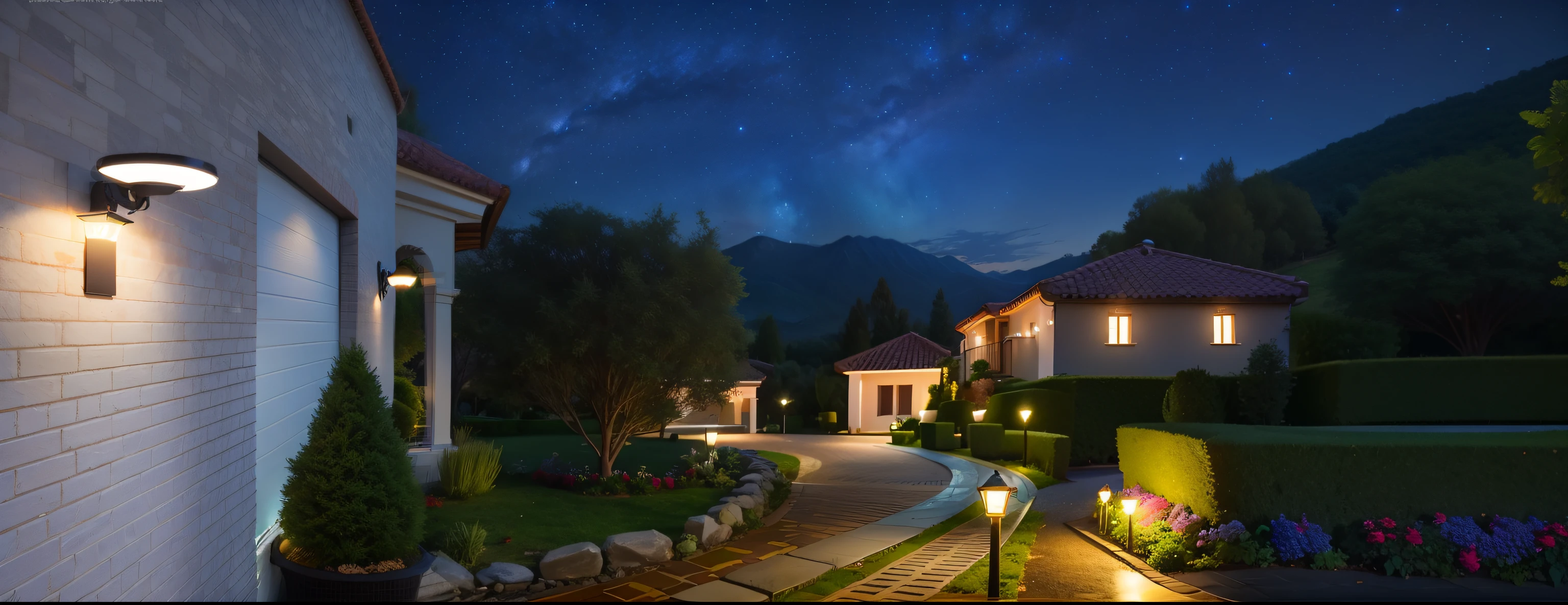 In the background there are lights and a night view of the path of the villa building, Great view of the villa at night, Outdoors at night, nighttime nature landscape, nighttime foreground, nighttime scene, Starry, night time with starry sky, Beautiful image, night time lighting, during night, nighttime scene, outdoors lighting, Landscape view, taken with sigma 2 0 mm f 1. 4, Activities at night at the villa，k hd