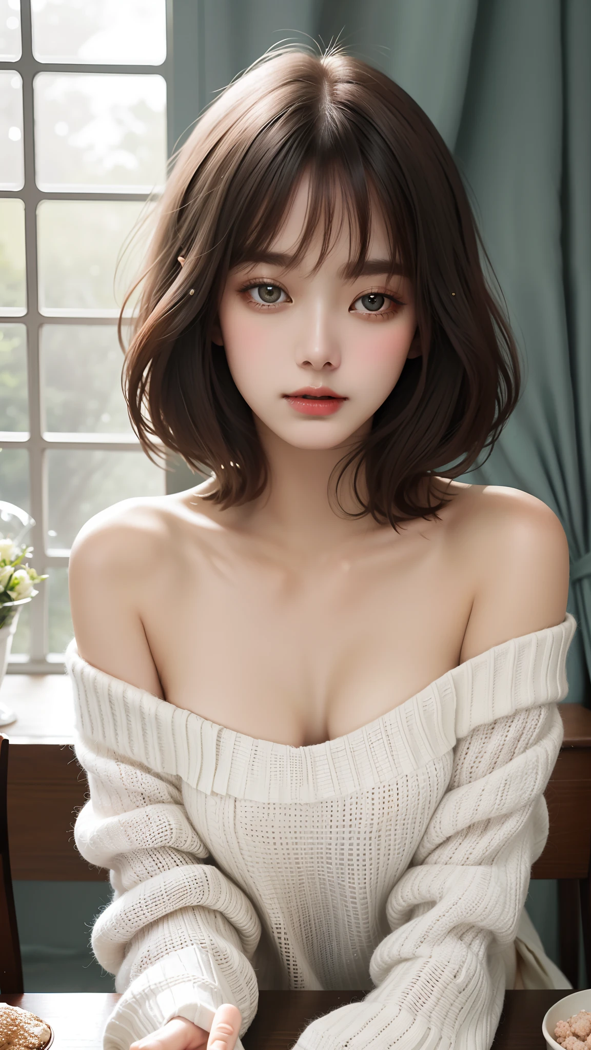 Fantasy. a girl, sitting, ???? shoulders, detailed (((loose))) white sweater. ?????????????, sagging ???????, half body portrait, ((looking at away)), stunningly beautiful, mint bob hair, blush, humble, table, home, hands. highly detailed. Cinematic lighting, (????:1.27)