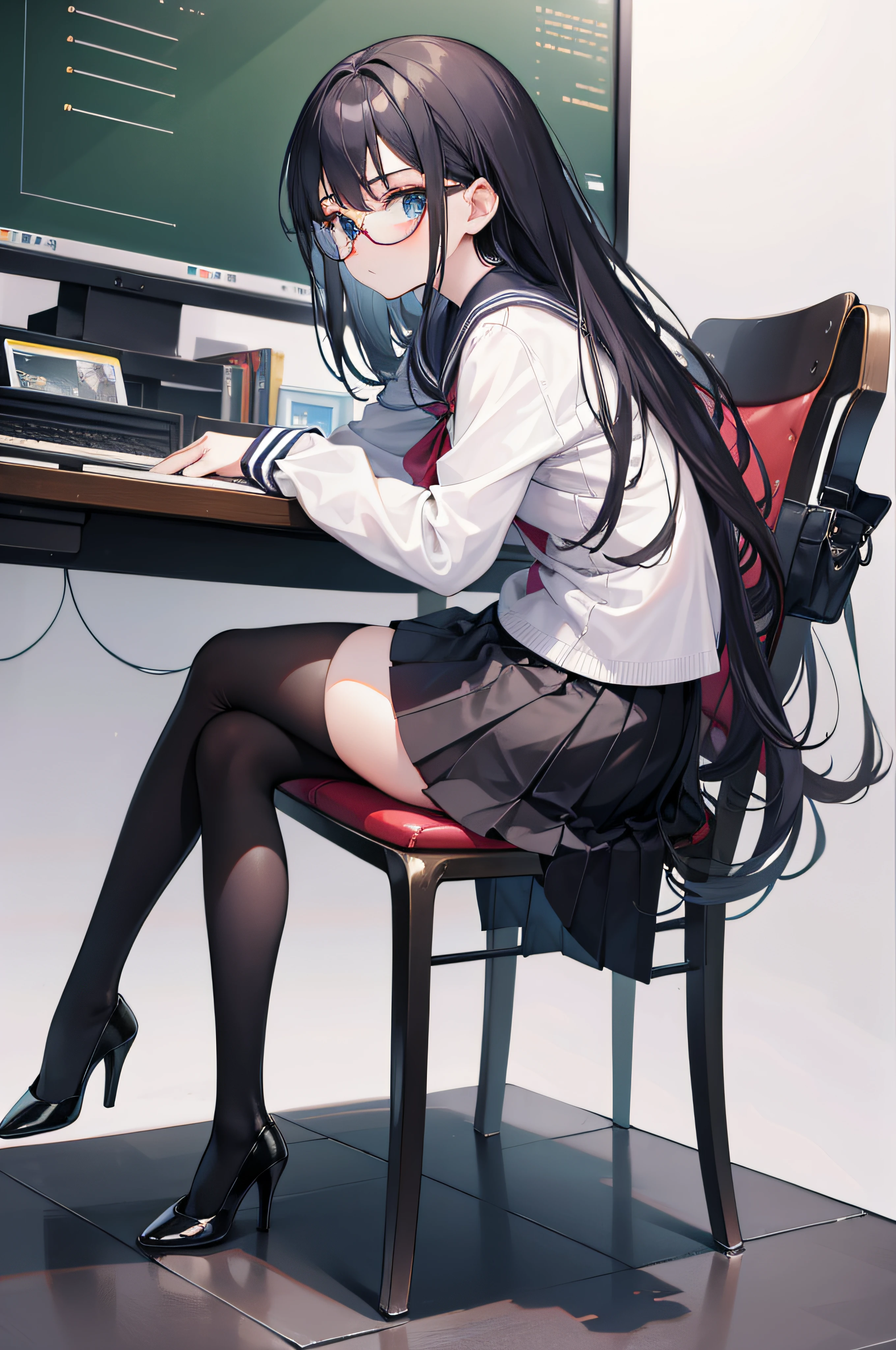 1girll, Back view, Skirt, sit on chair, Small chair, NavyHair, long curvy hair, large round glasses, pretty, Without expression, Flat expression, Lame face, school chair，（crossedlegs：1.3），high-heels,black lence stockings，