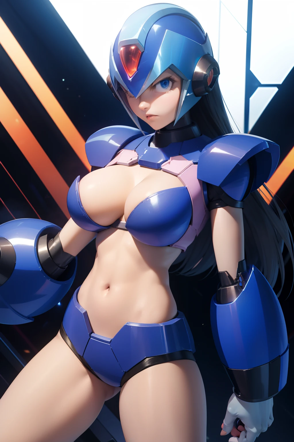 X FROm megaman x as a girlr, big clevage, sexy battle pose,(1girl),almost nude, long hair, visible groin, battle damaged, hurted