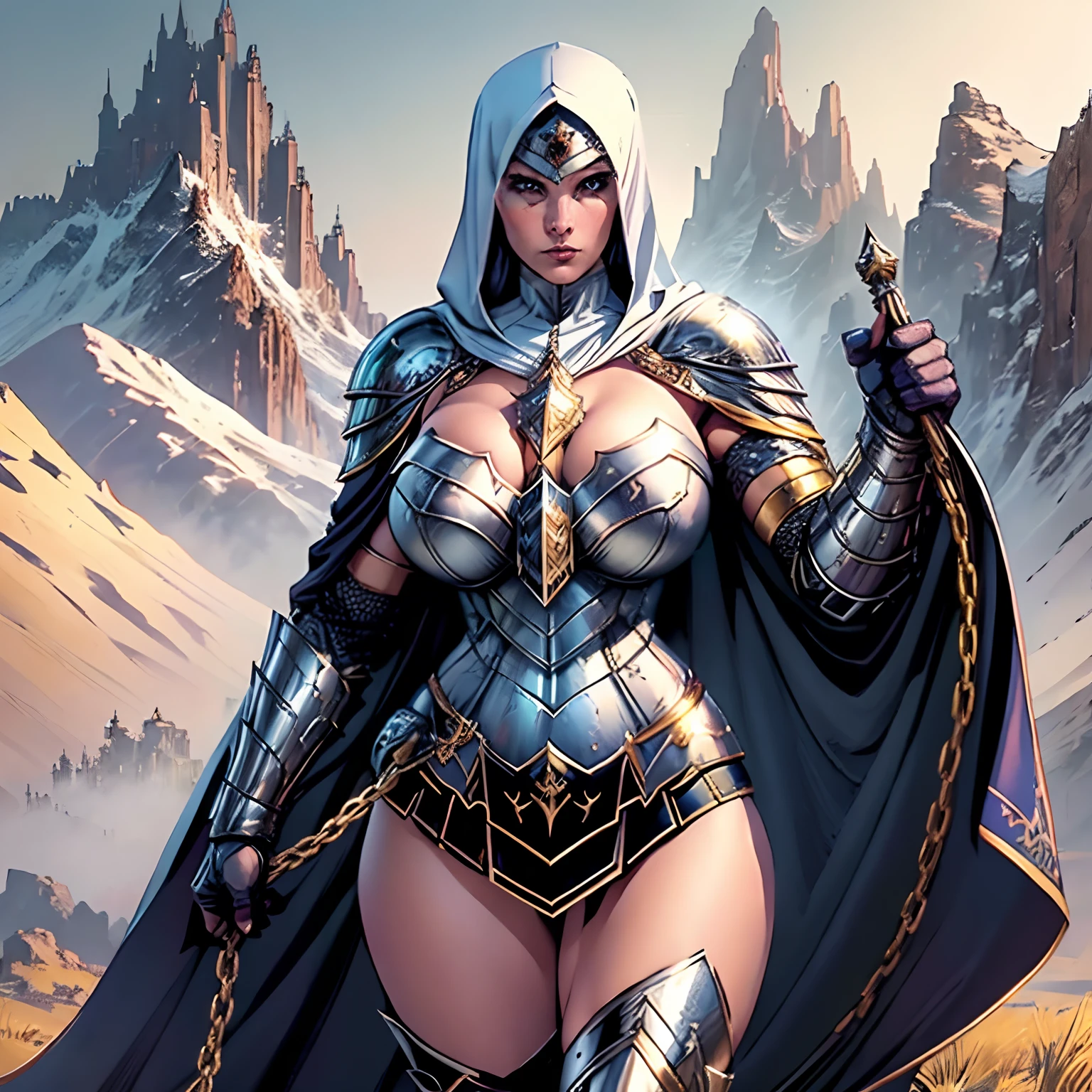 (masterpiece, top quality, best quality, official art, beautiful and aesthetic:1.2), (1girl:1.3), light freckles, fair skin, extremely detailed, portrait, looking at viewer, solo, (full body:0.6), detailed background, close up, (warm grasslands theme:1.1), holy paladin knight, charlatan, smirk, mysterious, swaying in mountains, modest attire, ornate white and gold armor, cowl, nun hood, wimple, cowl, robe, chain mail, chainmail, leggings, chainmail leggings, chain mail leggings, breastplate, tabard, gorget, hood, pauldrons, greaves, armored, long boots, longsword, shield, cape, cloak, white fabric, pale leather, ((((gigantic breasts)))), slim waist, slim hips, long legs, medieval (mountain exterior:1.1) background, dark mysterious lighting, shadows, magical atmosphere, dutch angle,