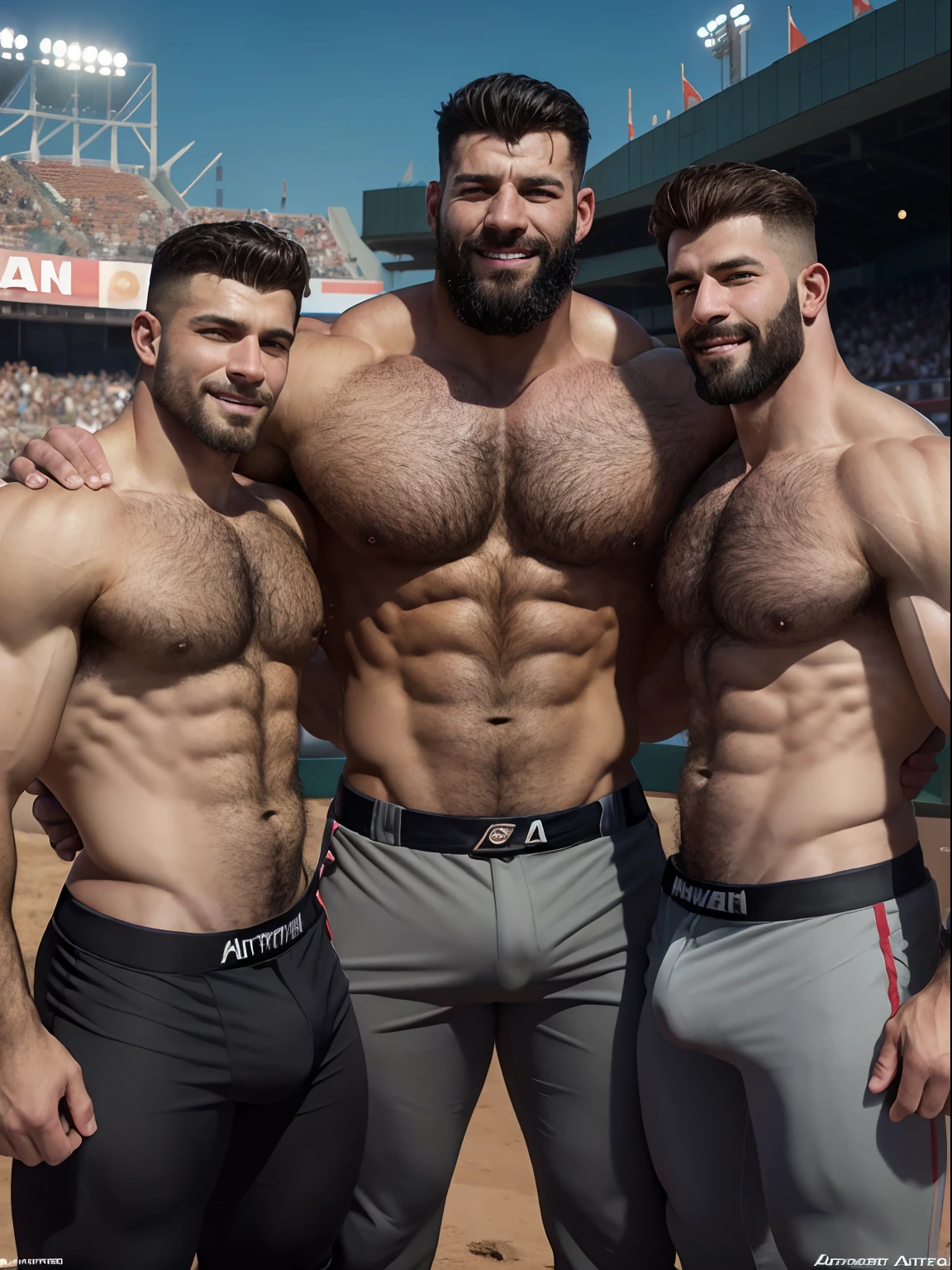 Alternative future, three muscular Soviet Union soldiers on vacation, hairy body, alpha male, huge biceps, baseball pants, sunny stadium, snuggle together, threesome, smile, 4k, high detailed, beautiful, dark age, art by Stanley artgerm, by Daniel f gerhartz, by pino daeni, highly detailed, sharp focus.
