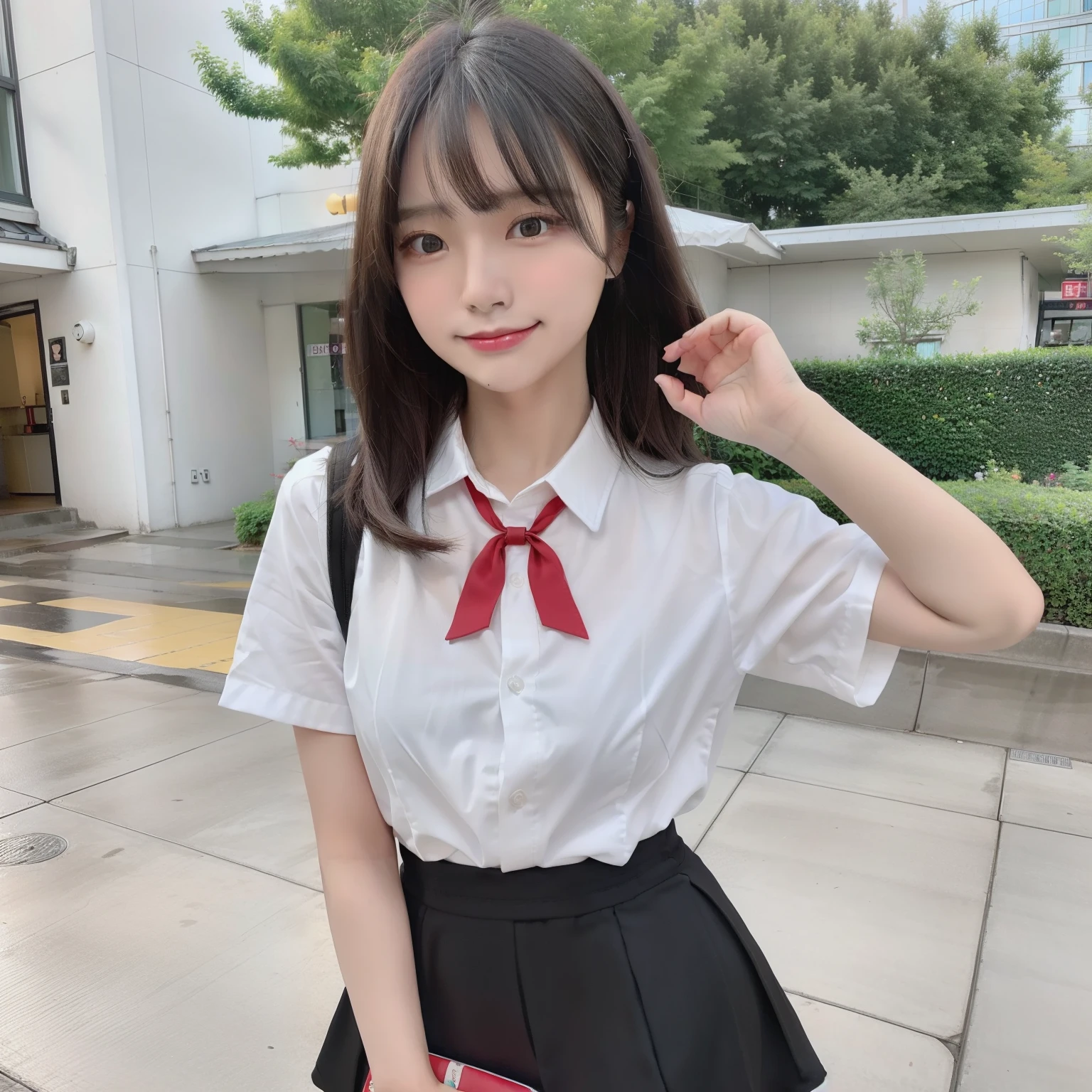 masutepiece, Best Quality, One girl, (Beautiful Girl:1.3), (:1.2), Very fine eye definition, (Symmetrical eyes:1.3), ((NSFW)), (School uniform,  Cute skirt:1.3), Beautiful breasts, Brown eyes, Parted bangs, Brown hair, Upper teeth