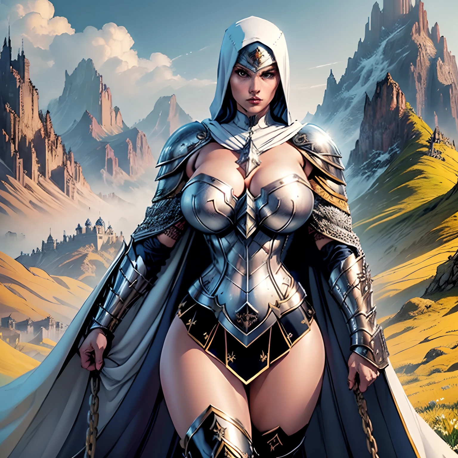 (masterpiece, top quality, best quality, official art, beautiful and aesthetic:1.2), (1girl:1.3), light freckles, fair skin, extremely detailed, portrait, looking at viewer, solo, (full body:0.6), detailed background, close up, (warm grasslands theme:1.1), holy paladin knight, charlatan, smirk, mysterious, swaying in mountains, modest attire, ornate white and gold armor, cowl, nun hood, wimple, cowl, robe, chain mail, chainmail, leggings, chainmail leggings, chain mail leggings, breastplate, tabard, gorget, hood, pauldrons, greaves, armored, long boots, longsword, shield, cape, cloak, white fabric, pale leather, ((((gigantic breasts)))), slim waist, slim hips, long legs, medieval (mountain exterior:1.1) background, dark mysterious lighting, shadows, magical atmosphere, dutch angle,