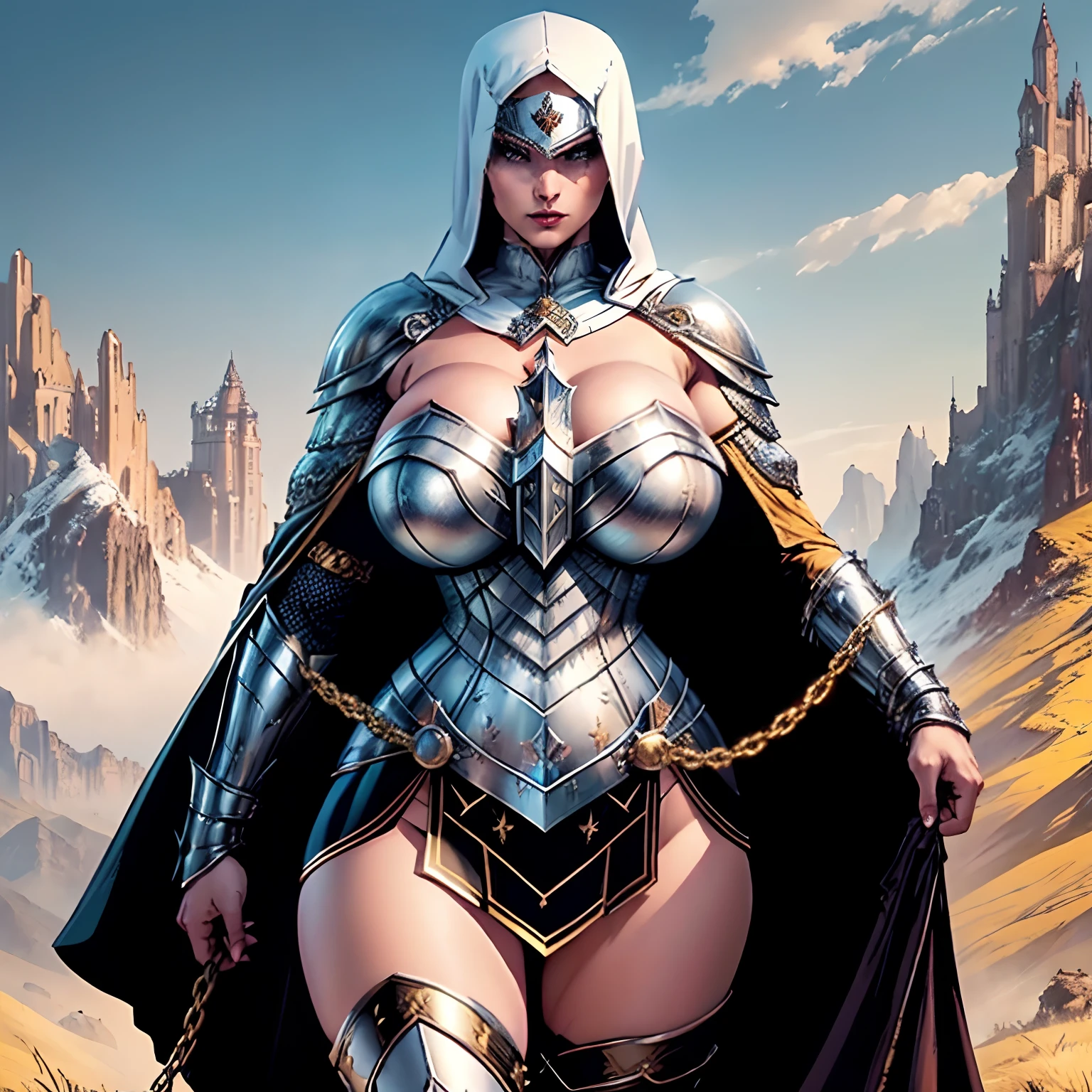 (masterpiece, top quality, best quality, official art, beautiful and aesthetic:1.2), (1girl:1.3), light freckles, fair skin, extremely detailed, portrait, looking at viewer, solo, (full body:0.6), detailed background, close up, (warm grasslands theme:1.1), holy paladin knight, charlatan, smirk, mysterious, swaying in mountains, modest attire, ornate white and gold armor, cowl, nun hood, wimple, cowl, robe, chain mail, chainmail, leggings, chainmail leggings, chain mail leggings, breastplate, tabard, gorget, hood, pauldrons, greaves, armored, long boots, longsword, shield, cape, cloak, white fabric, pale leather, ((((gigantic breasts)))), slim waist, slim hips, long legs, medieval (mountain exterior:1.1) background, dark mysterious lighting, shadows, magical atmosphere, dutch angle,