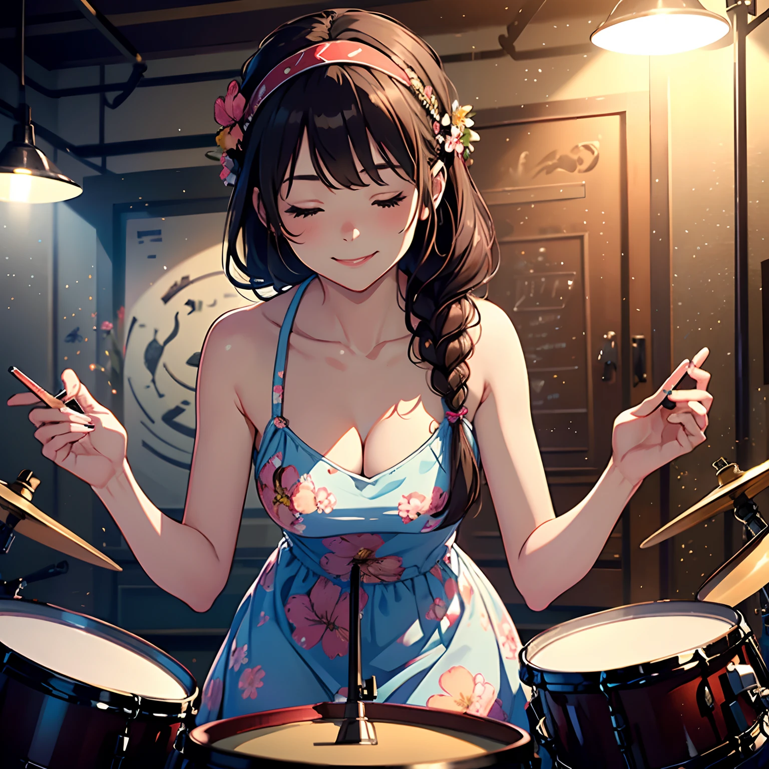 ((masterpiece)), 1girl, solo, floral dress, headband, flowers, hippie, indoors, club, closed eyes, perfect body, smile, long hair, brown hair, (braid), (drums)