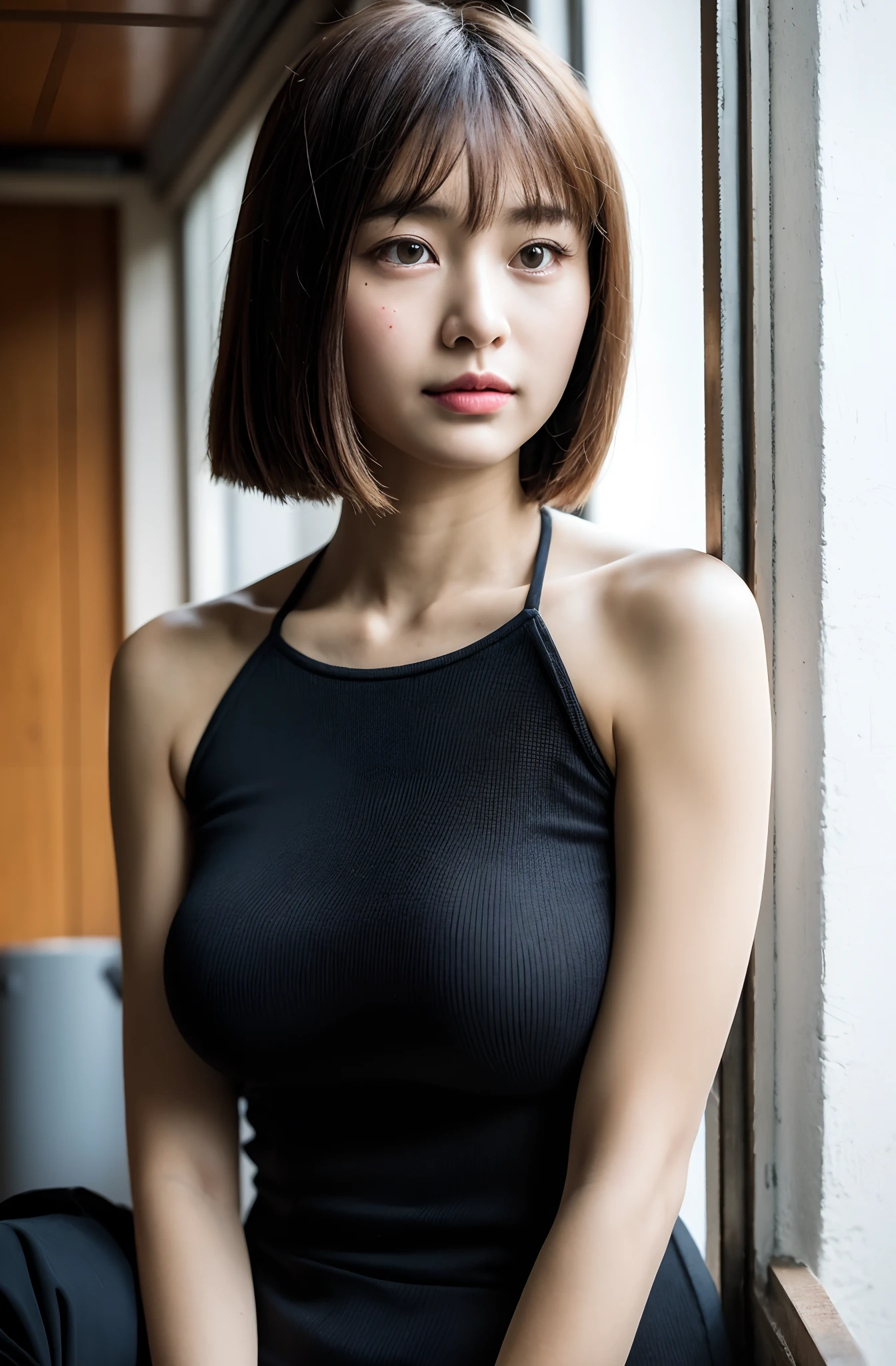 8K、top-quality、masterpiece、超A high resolution、photo-like、SLR、beautiful japanese female、Elegance、There is a good、Gentle face、eye glass、Round glasses、Beauty of the wind、Moist beauty、short-cut、Keep your bangs neat and tidy、Looking down,From below,、The eyes are far away、Transparent atmosphere、Beautiful face、Raised corners of the mouth、drooing eyes、Tanuki face、wrist watch、a necklace、A bracelet、Gradient lighting、Drop long bangs to the side、Girls and men、Delicate skin、Look into the distance、Brown-eyed、up chest、the shape of the chest is clear,,,、very very gigantic boobs、breasts are large、Raw photography、(pureerosface_v1:0.5)、All-Over Print Tie-Back Halter Top、halterneck、Tieback、Sleeveless、no sleeves、Sleeveless camisole、sleeve less、halterneck、tight fitted、white clothes、Round Neck、white colors、Sexy clothes、Sheer feeling、Take your eyes off、subject、Lean、Look here、Ass big、big butts、bbw、morning sunlight、Morning Home、Station platform、The morning sun is dazzling、station、Waiting for the train、station、eye glass、