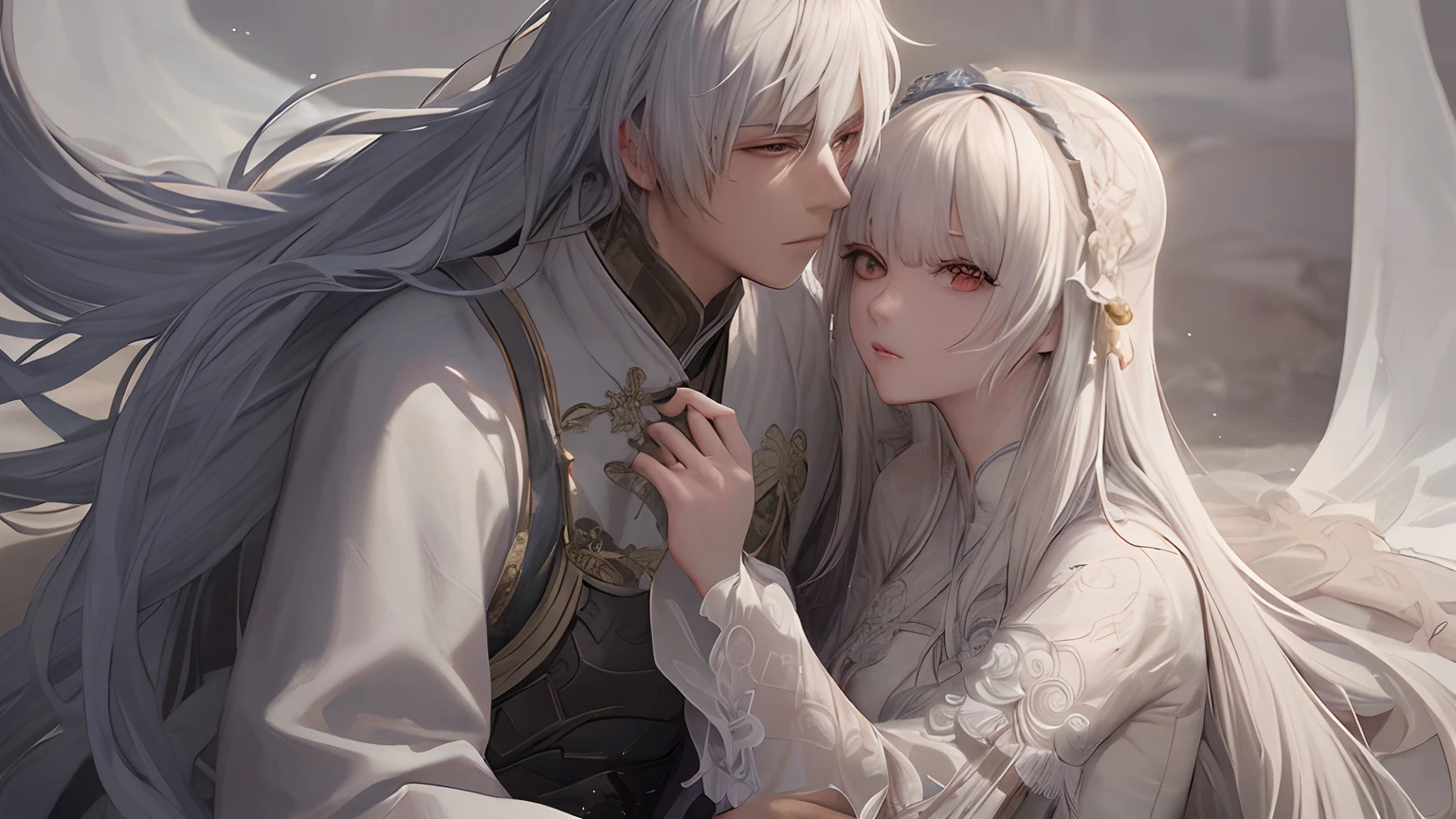 Close-up of a couple in a white robe holding swords,battle,two characters portrait by Yang J,The popularity of CGsociety,Fantasyart,beautiful character painting,Guviz-style artwork,Guvitz,white hanfu,flowing white robe,full-body wuxia,epic exquisite character art,stunning character art,Beautiful couple assassin