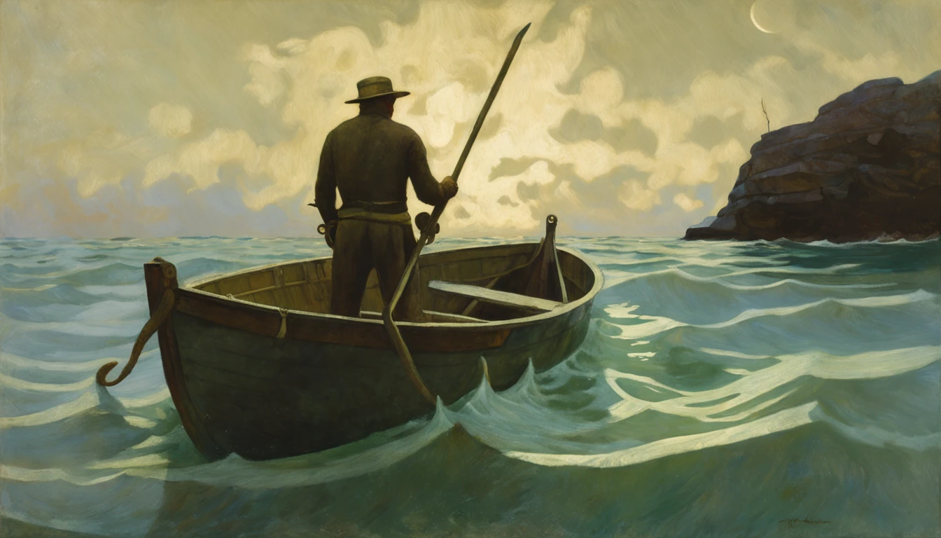 Painting of two men in a boat with octopus tentacles, NC Wyeth pintura, NC Wyeth, por N. C. Wyeth, por N.C. Wyeth, O Kraken, Lula de Cthulhu, fenda, arte lovecraft, inspirado em N.C. Wyeth, inspirado em N. C. Wyeth, por lovecraft, Cthulhu subindo do oceano