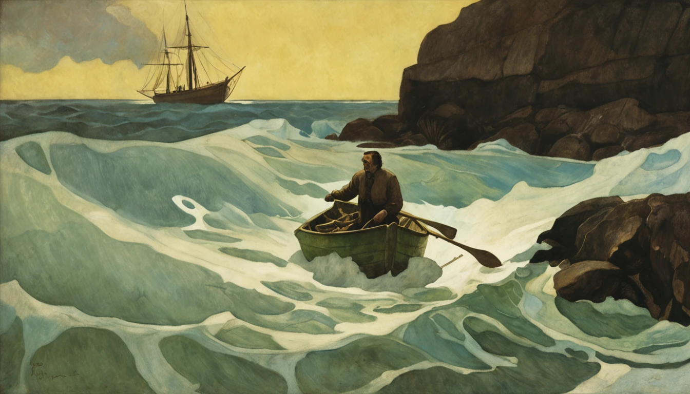 Painting of two men in a boat with octopus tentacles, NC Wyeth pintura, NC Wyeth, por N. C. Wyeth, por N.C. Wyeth, O Kraken, Lula de Cthulhu, fenda, arte lovecraft, inspirado em N.C. Wyeth, inspirado em N. C. Wyeth, por lovecraft, Cthulhu subindo do oceano