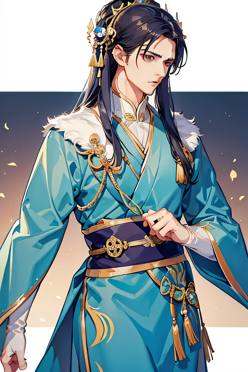 A handsome man,Wearing gorgeous princely costumes,Has a charming face,But he showed a melancholy look。