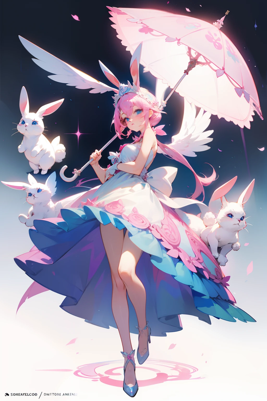 With an umbrella,Gorgeous and designed white slip dress,Full body view,A pink-haired,blue color eyes,ornate headdress,Rabbit elements,Angel Element。