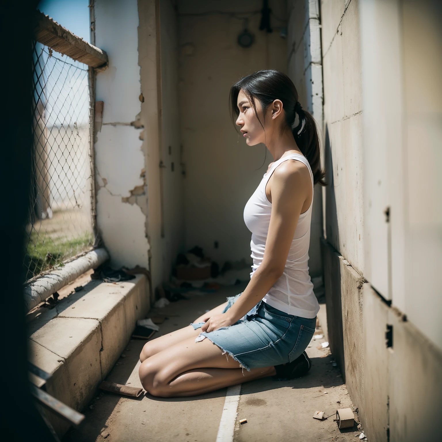 Arafed woman sitting on the ground in a run down building - SeaArt AI