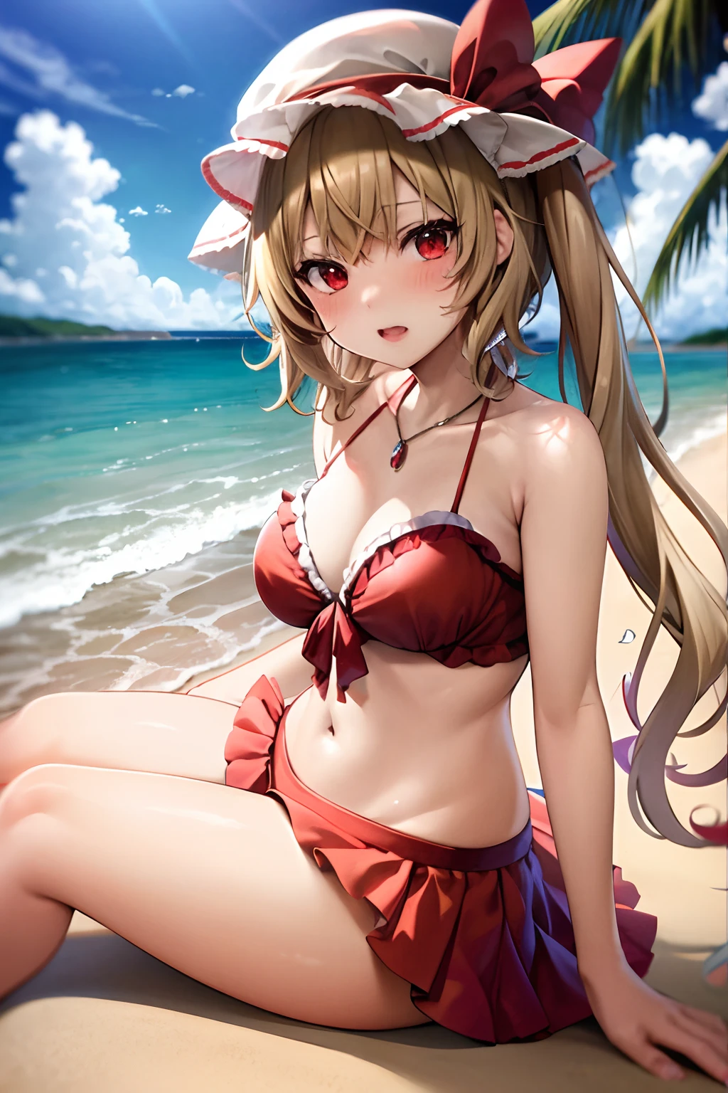 masutepiece, Best Quality, 1girl in,Flandre Scarlet,Blonde side ponytail、Sea and sandy beach background、I'm wearing a white mob hat、has colorful feathers、Bikini with red ruffles、ＨCup Breast、red blush、Enchanted Girl