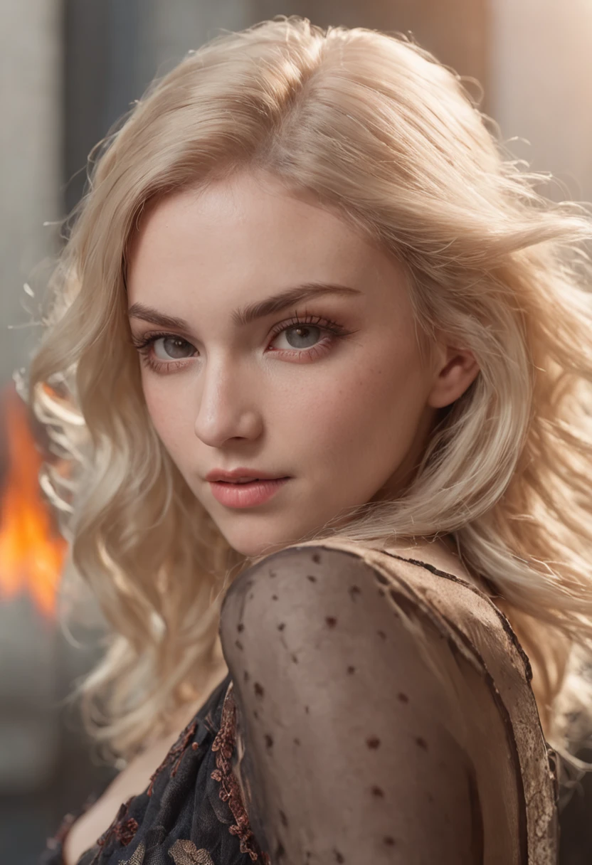 Young woman, blond hairbl, Dark eyes, Holding a flaming guitar, Face humans, The is very detailed, The best quality of realism, 8k ultra-realistic, high detal --auto --s2
