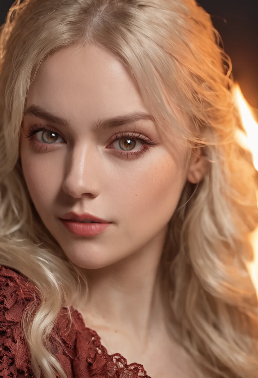 Young woman, blond hairbl, Dark eyes, Holding a flaming guitar, Face humans, The is very detailed, The best quality of realism, 8k ultra-realistic, high detal --auto --s2