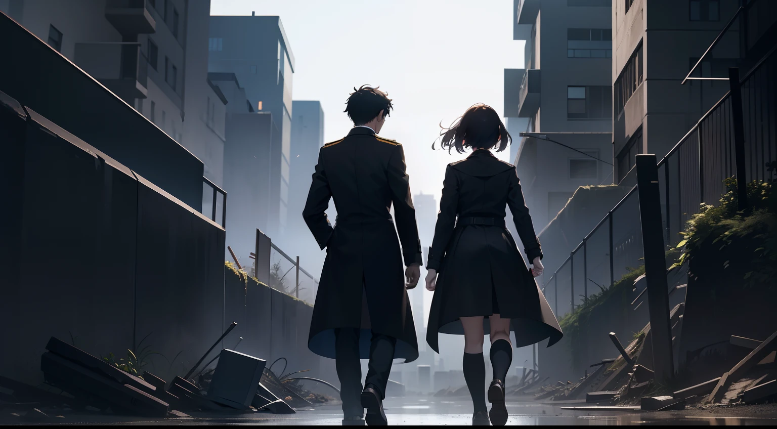 A male student in a student uniform and a female student in a trench coat face away from the picture，Walk through vast ruins，Under a black sky，In the dark，In the distance there is a vague humanoid monster。