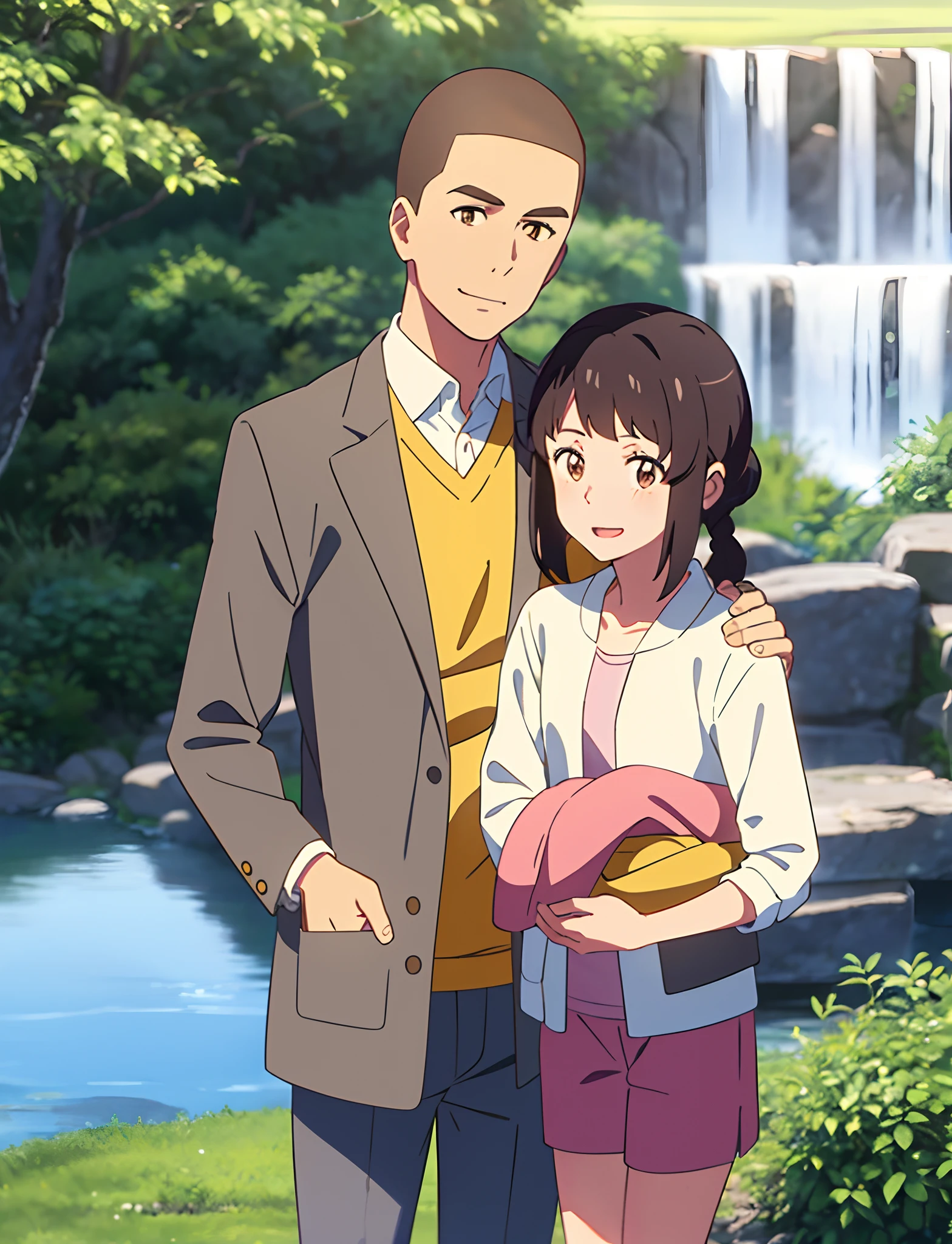 shinkai makoto, kimi no na wa., family of four,1boy, buzzcut, brown jacket, open clothes, white shirt, grey pants, dad, 1girl, bangs, Brown eyes, waterfall braid, red ribbon, long hair, light pink cardigan, open clothes, yellow shirt, orange pants, carrying child, mother, 1girl, child, daughter, small height, bangs, small pigtails, red ribbon, open mouth, smile, looking at viewer, blue shorts, white shirt, yellow jacket, 1boy, son, child, small height, buzzcut, brown eyes, close mouth, black jacket, green pants, family, family photo, altogether, family of four, family pic,cute,adorable