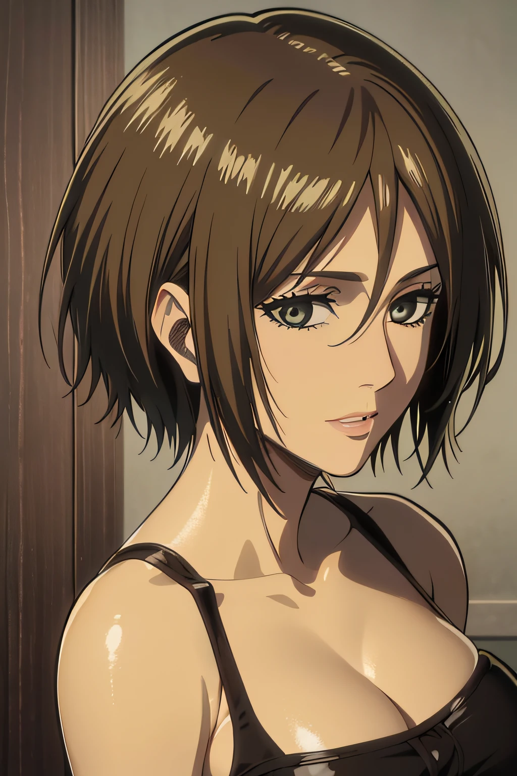 1girl, Mikasa Ackerman, (cabelos pretos:1.3), cabelo entre os olhos, short hair, olhos cinzentos, lips, clivagem, seios grandes, fechar para cima, solo, lips, master part, best quality,