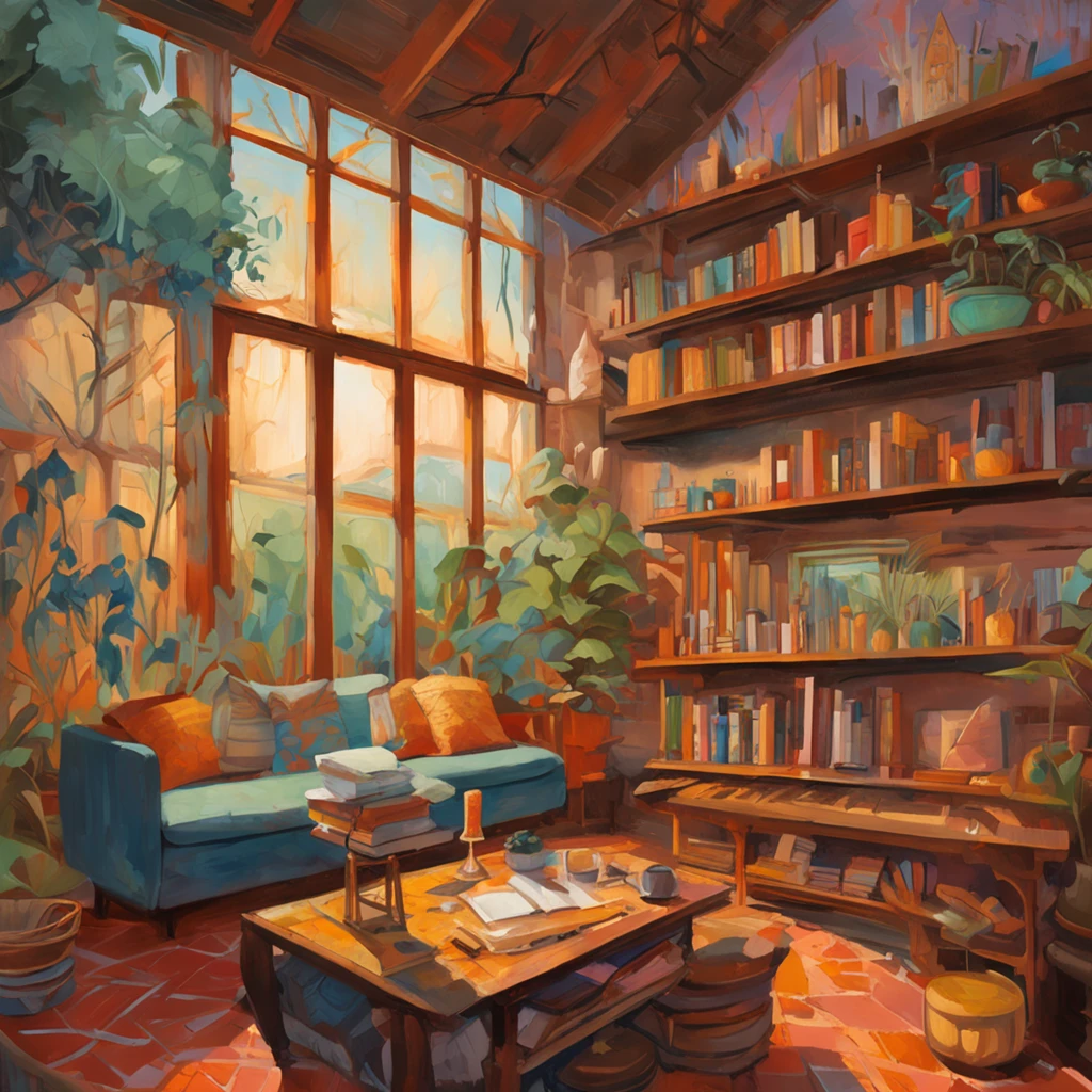 Intricate details of the painting of a chalet, sala iluminada por vela, mesa com livros , por Range Murata, galaxy in background, nuvem, Cores vivas, alto contraste, montanha, arte da linha vetorial, Destaques teal e Laranja, trending on pixiv, Anime Concept Art, Stick, Tapete, alta qualidade, Borda a Borda, Sanskrit