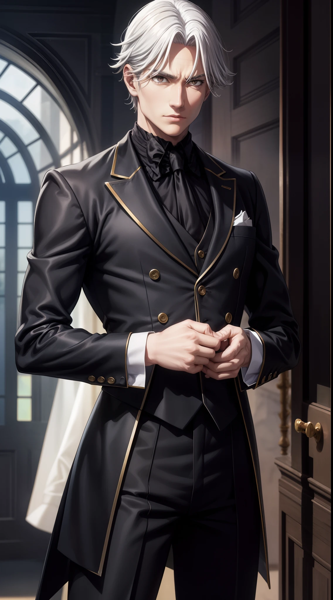 focused to upper body, realistic, 1man, white hair, sparkling brown eyes, black butler suit, standing pose, (manor background), perfect limbs,