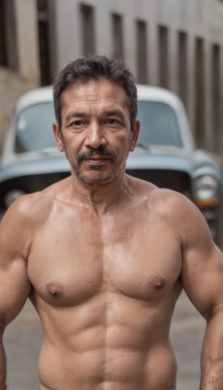 Um retrato fotografia de corpo inteiro Um motorista de caminhoneiro pesado de meia idade trativo, Forte, musculoso, cabeludo fisiculturista de barriga grande, showing very hairy groin area, (standard boxers:1.5), epic realistic, foto, desbotado, cores neutras, ((((hdr)))), cores mudas, cena intrincada, artstation, detalhes intrincados, vinheta