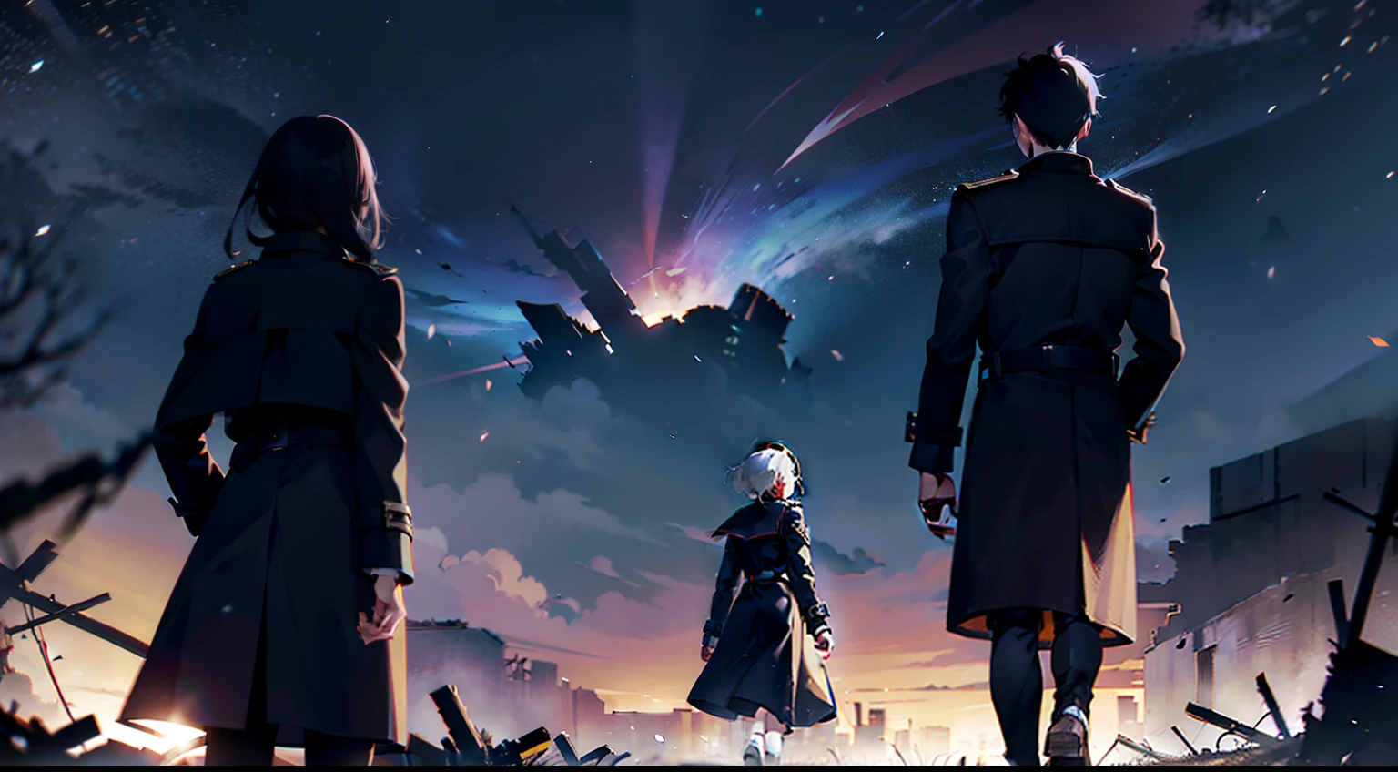 A male student and a female student in a trench coat face away from the picture，Walk through vast ruins，Under the stars，In the dark，In the distance there is a blurry monster in human form。