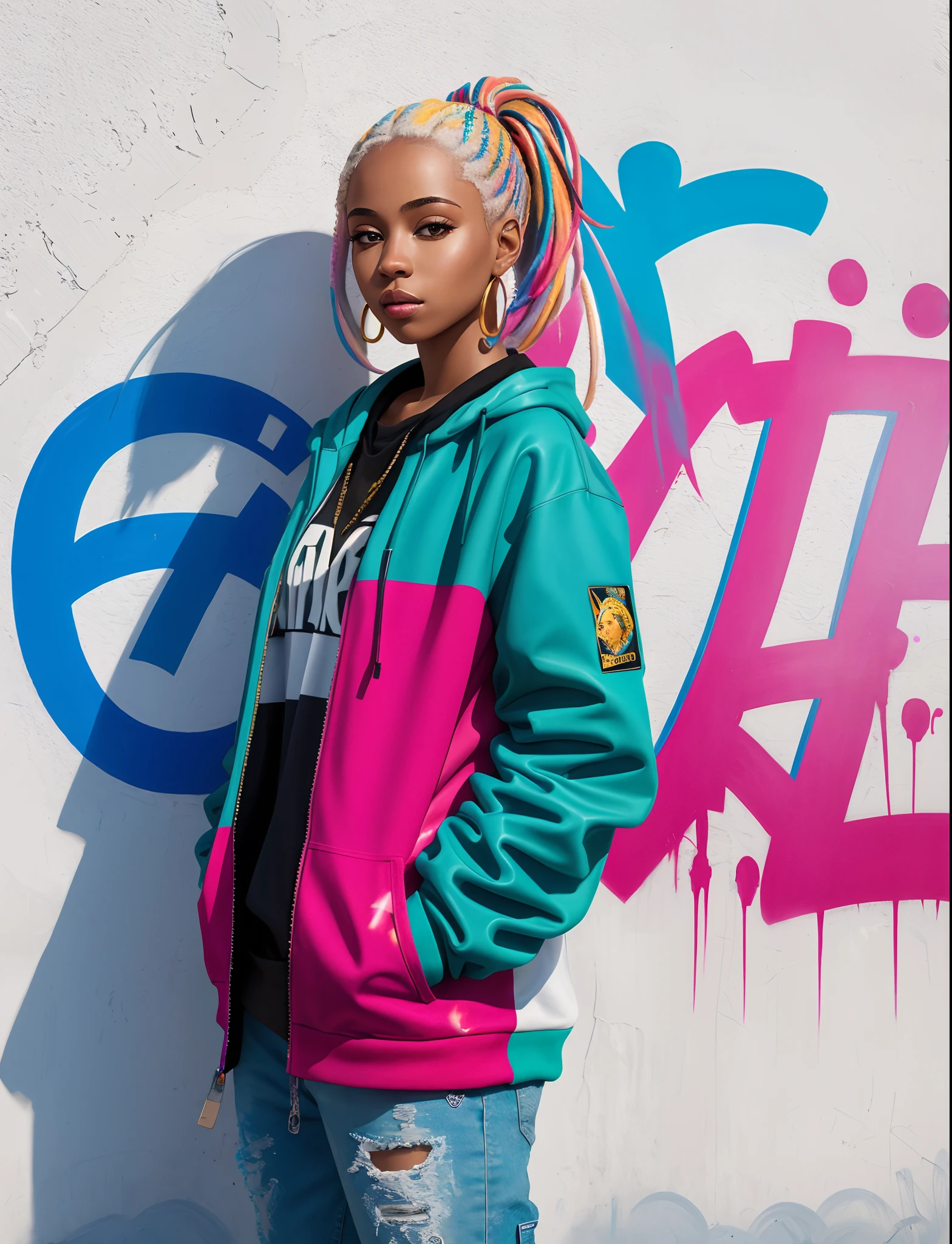 A unique and diverse image of a woman in the center, surrounded by vibrant colors and patterns, wearing a hip hop-inspired outfit and listening to music through her headphones.
