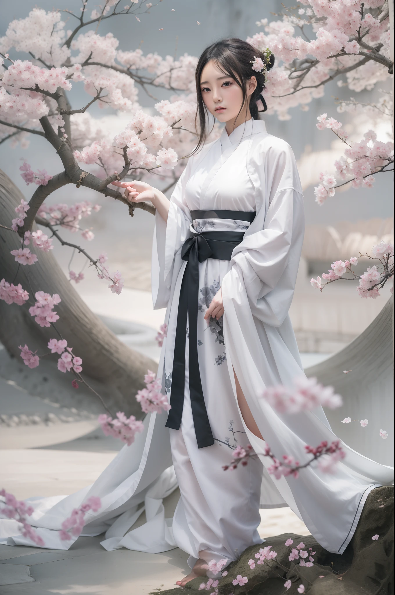 anime girl in full white outfit holding Japanese tshirt and wearing black skirt, in the style of traditional chinese painting, romantic fantasy, oil paintings, dark bronze and gray, cherry blossoms, serene faces, photo-realistic techniques --ar 128:127 --s 750 --v 5.2