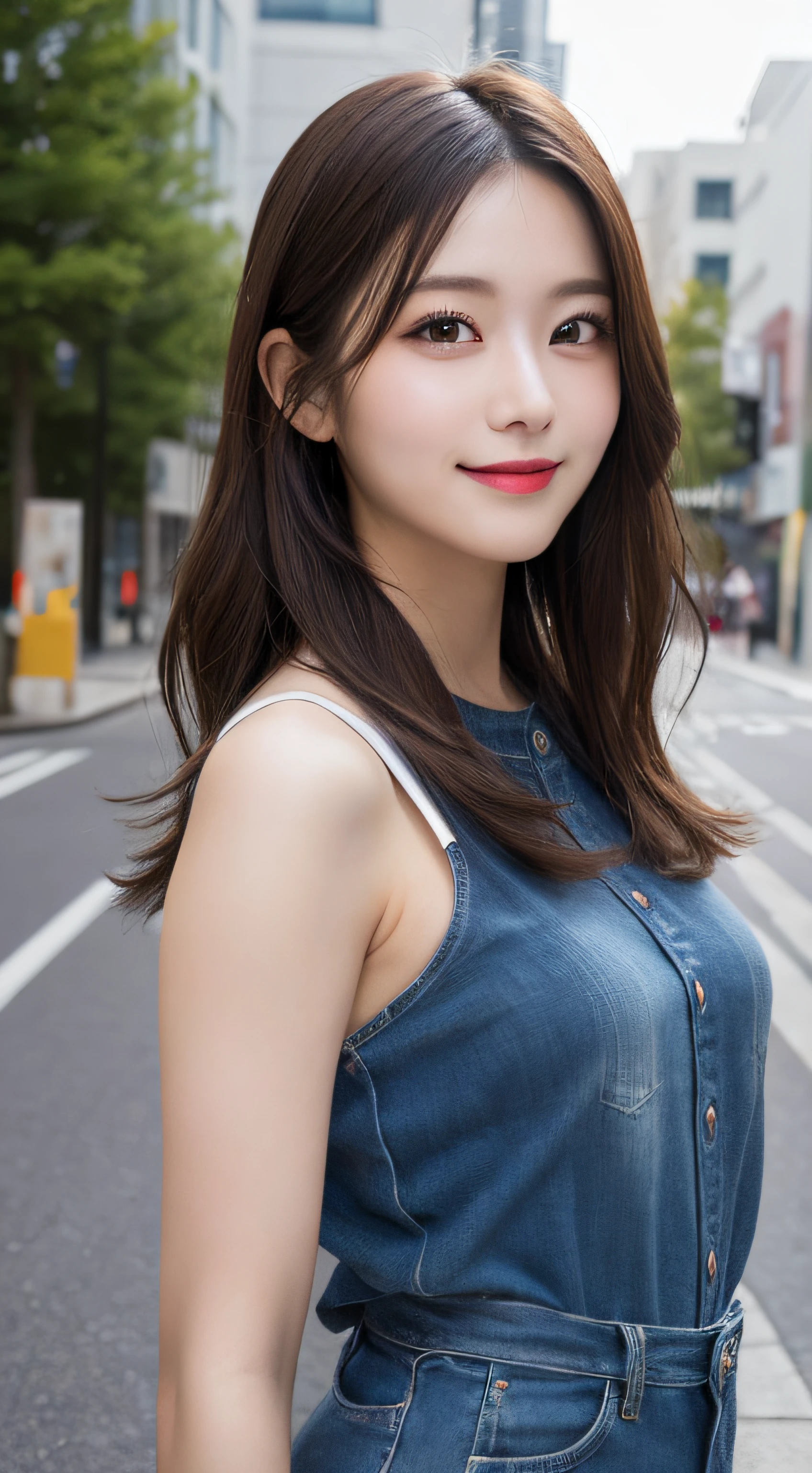 masutepiece, Best Quality, Illustration, Ultra-detailed, finely detail, hight resolution, 8K Wallpaper, Perfect dynamic composition, Beautiful detailed eyes, doress,Medium Hair,  Natural Color Lip, Random and sexy poses,Smile,Aoyama Street Walk、A 24-year-old girl
