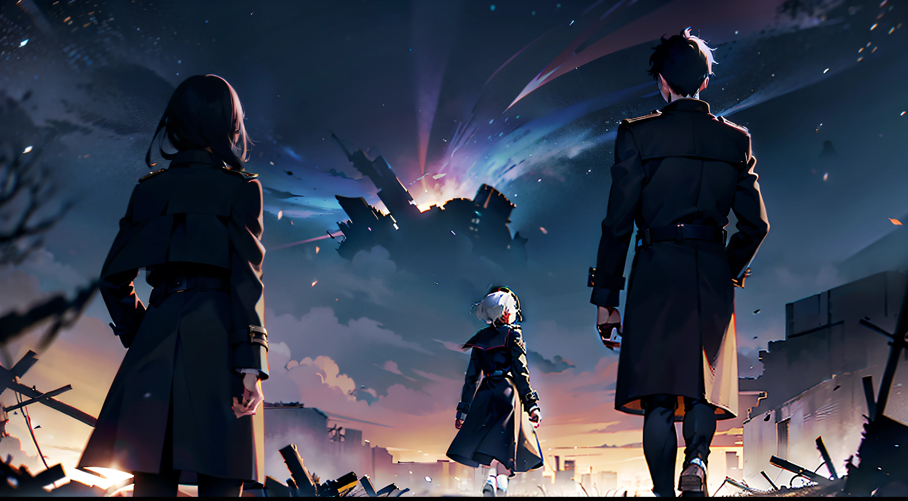 A male student and a female student in a trench coat face away from the picture,Walk through vast ruins,Under the stars,In the dark,In the distance there is a blurry monster in human form。