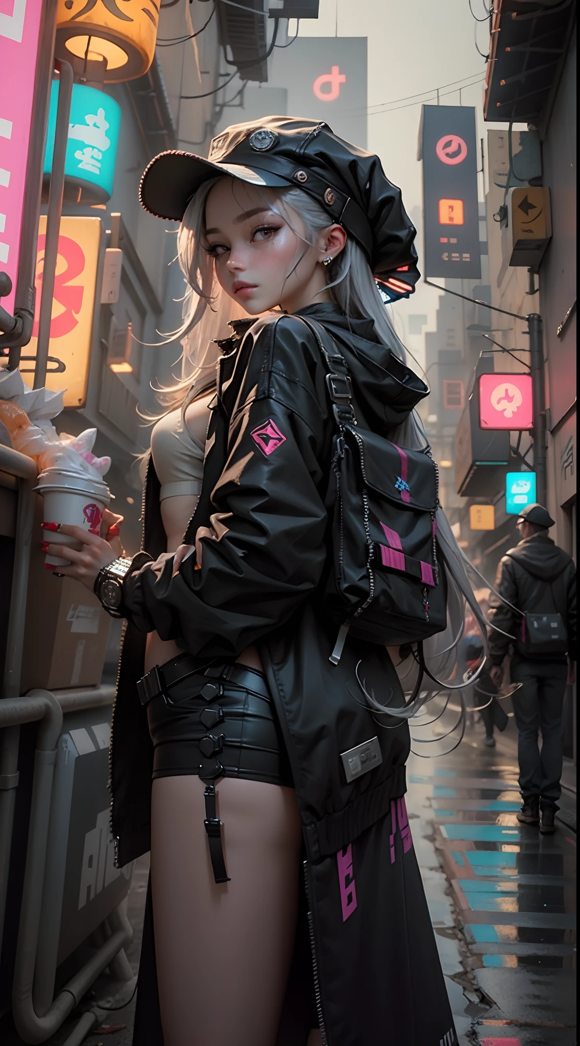 Beautiful woman wearing long hair hat、cyberpunk style short clothes