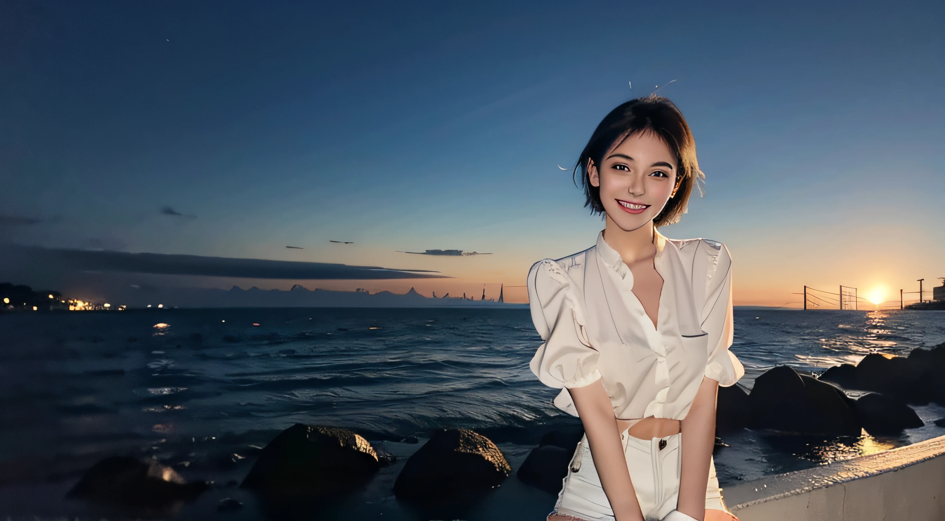 short hair, beautiful brown eyes, pointy nose, pouty lips, tall, petite, slim, extremely fair skin, wearing white blouse, black denim shorts, red shoes, red shoes, black gloves, looking at viewer, smiling, night time, rocky shore, detailed meteor shower across the horizon, 1girl, octave render, hd, masterpiece, detailed texture, detailed skin, detailed face,