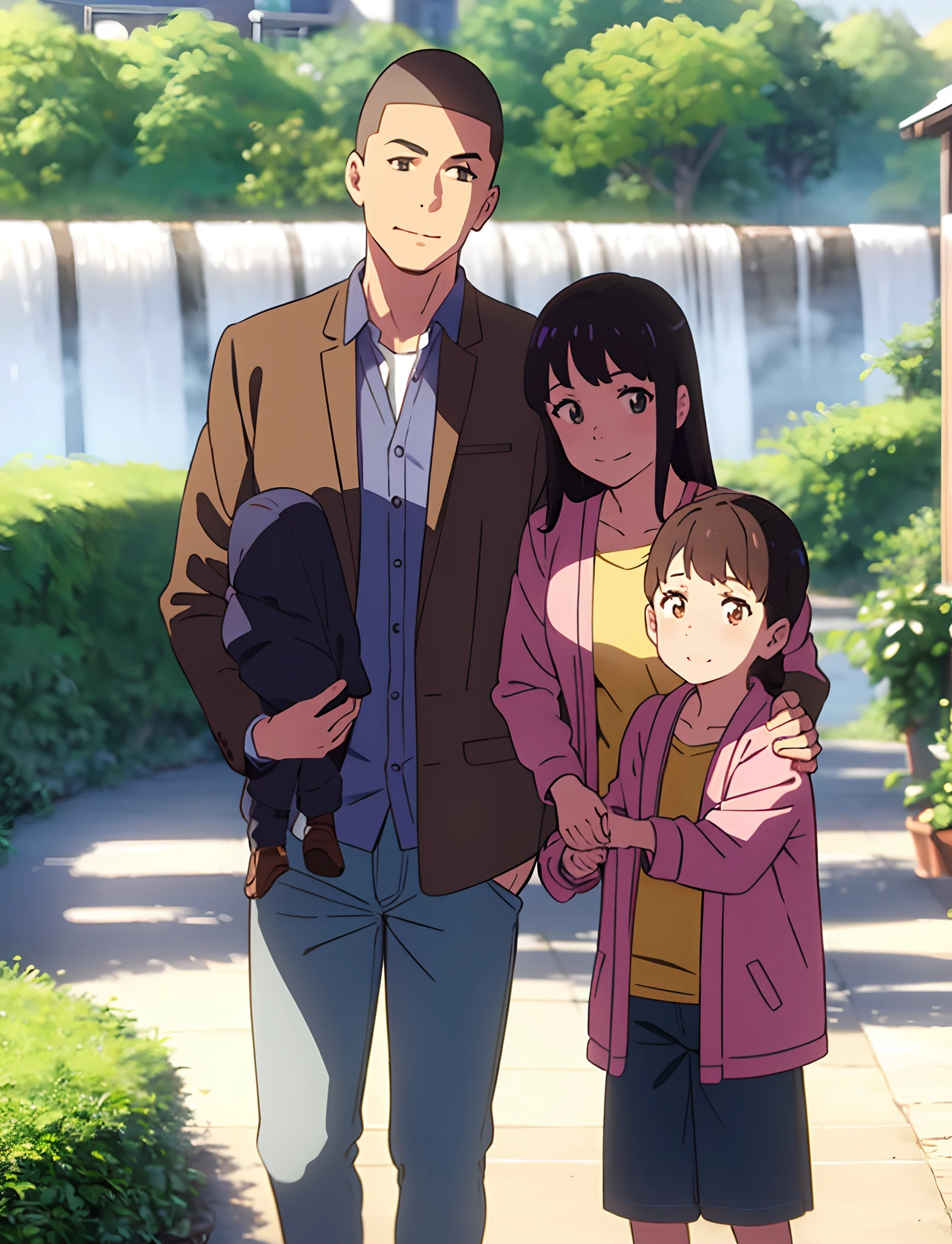 shinkai makoto, kimi no na wa., family of four,1boy, buzzcut, brown jacket, open clothes, white shir, grey pants, dad, 1girl, bangs, Brown eyes, waterfall braid, red ribbon, long hair, light pink cardigan, open clothes, yellow shirt, orange pants, carrying child, mother, busband and wife, 2 childs, daughter and son, 1girl, child, small height, bangs, brown hair, pigtails, red ribbon, open mouth, smile, looking at viewer, shorts, shirt, jacket, 1boy, child, small height, buzzcut, brown eyes, close mouth, yellow jacket, green pants, family, family photo, altogether, family of four, family pic,cute,adorable