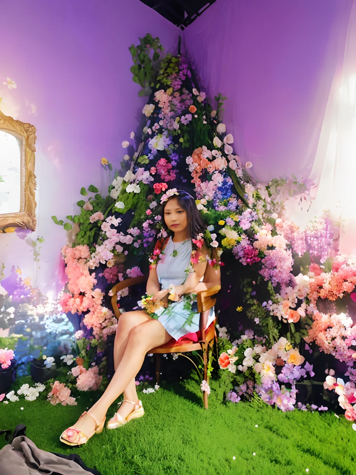 There was a woman sitting in a chair in front of the flower show, sitting with flowers, Girl in flowers, woman in flowers, girl in a bed of flowers, flower queen, girl sitting in a flower field, Uptrend ，, Floral Art Association, Full of flowers, an aesthetic field of flowers, sitting in a field of flowers, Flowers around