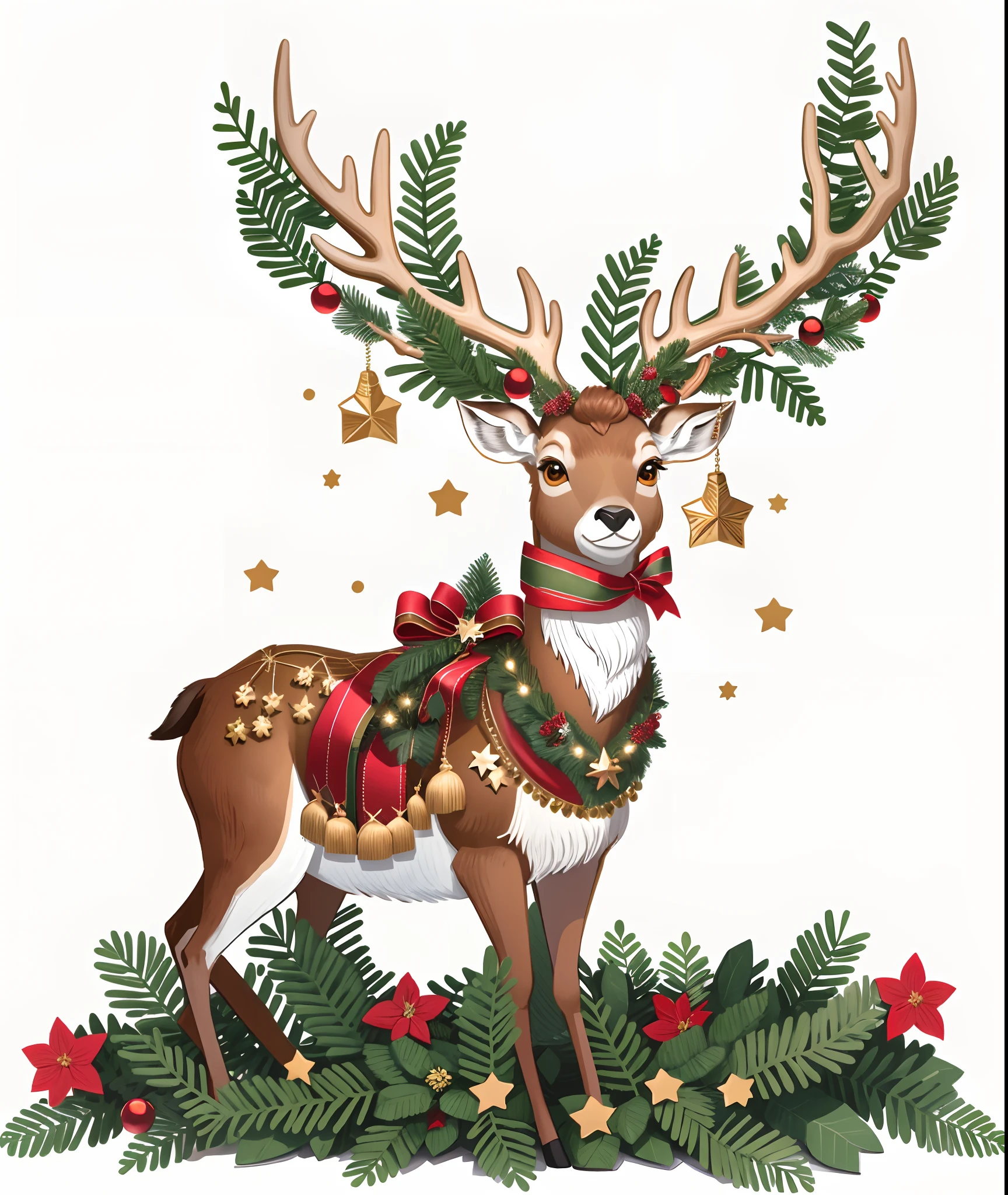 Reindeer with Christmas wreaths and stars on their antlers, an anthropomorphic deer, anthropomorphic deer, anthropomorphic female deer, anthropomorphic deer female, Highly detailed illustration, illustration!, inspired by Rudolph F. Ingerle, festivity, Higher detailed illustration, full-colour illustration, in style of digital illustration, deers, full page illustration