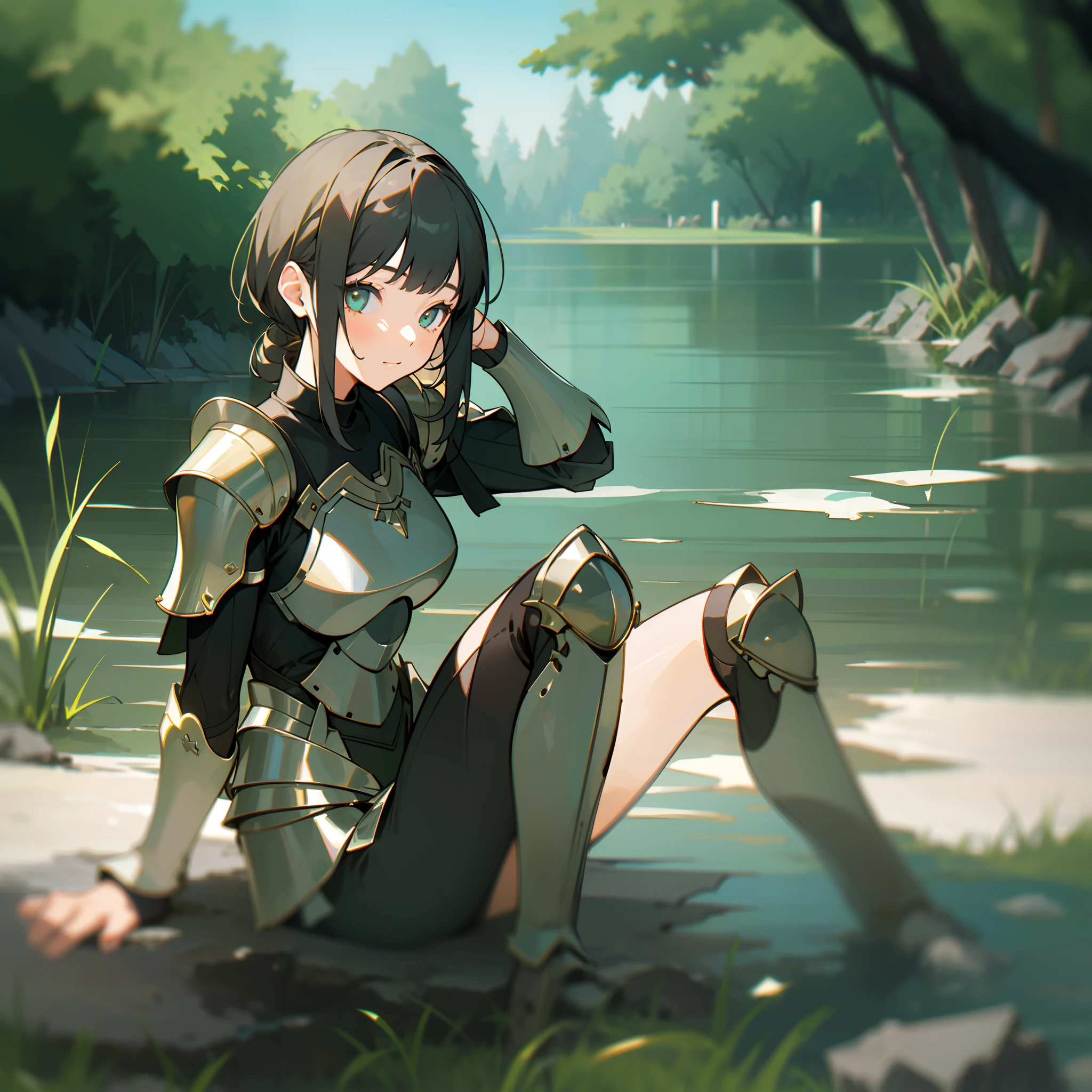 mksks style, (very detailed background:1.0), (highly detailed background:1.0), 1girl, full_body, looking_at_viewer, masterpiece, best quality, (1girl, solo, girl:1.2), falls, lake, grass, jumping, stone ruins, chromatic aberration, depth of field, soft lighting, washing body, take off armor, resting beside the lake
