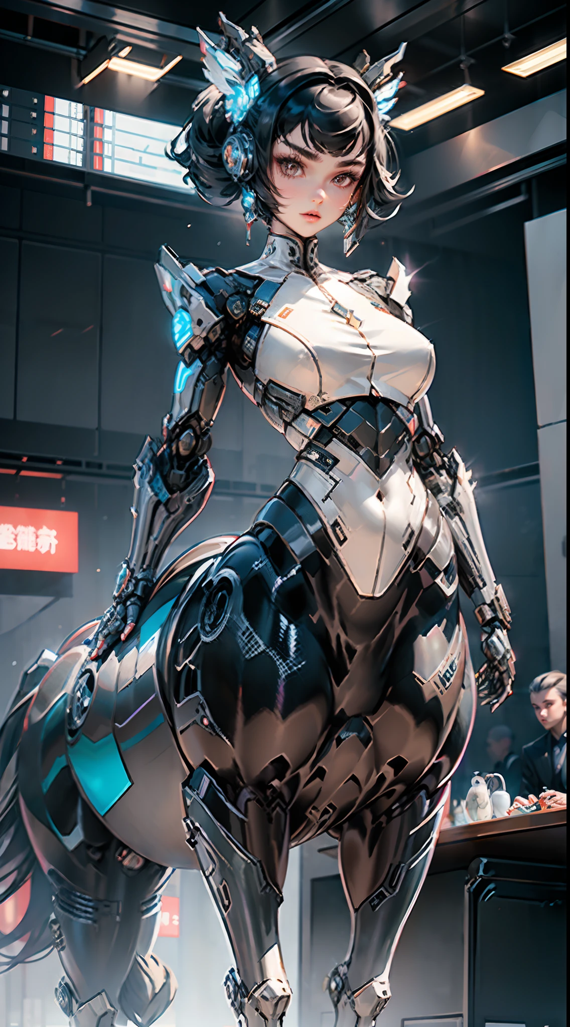 A female centaur,She is famous in the multiverse,She is both a female centaur, half human, half horse, half horse,It is also a female Yingzhao。She blends both images,The first is:((The head of the horse/neck/Shoulder these parts,Replaced with a beautiful female human upper body):9.9),of females are half-centaurs, half-horses, half-humans,The second is:((The head of the horse/neck/lower back/hason/gluteal/Shijo Thigh Female Embodiment):9.9),'s((Female half-horse with beautiful woman's):9.9,Chimer):9.9),(It's like a female human wearing a half-horse-like costume and making a seamless chimera:9.9),This chimerization is based on powerful futuristic technology。The ultra-wide-angle lens captures the image of her beautiful and ethereal wings on the ionosphere launching a super-high-speed charge and leaping。Her front half is distinctly feminine,Tall sexy body,possessed(K cup giant coconut tit chest:9.9),It has a small man's waist butterfly straddling(Long legs:9.9),The embedded interface of the half-horse part of the bent feminine state of the back half of the body is in the hip position。(The horse-shaped, half-horse torso form of her back body is completely female humanization9.9)。The chest cavity of a woman in the shape of a bent dog style embedded in the lower back position of the beautiful woman's body starting from the upper part of the sternum/lower back/Ventral transverse。Then there are the sexy beauty's upright hips,(Her entire body has been completely female and replaced by a female body:9.9),Including the half-horse part。Mechanized armor covers the legs with knee-shaped anti-joints and feet,And these parts are highly anthropomorphic,This makes her legs graceful and slender,Her four horse legs exploded in length proportions and was slender and toned,Under the legs are skinny white feet dressed in Skyscraper Heels,Use Midjourney's advanced stroke tools and color palettes, as well as texture packs, model packs, and texture tools,Concentration,Include all parts of her