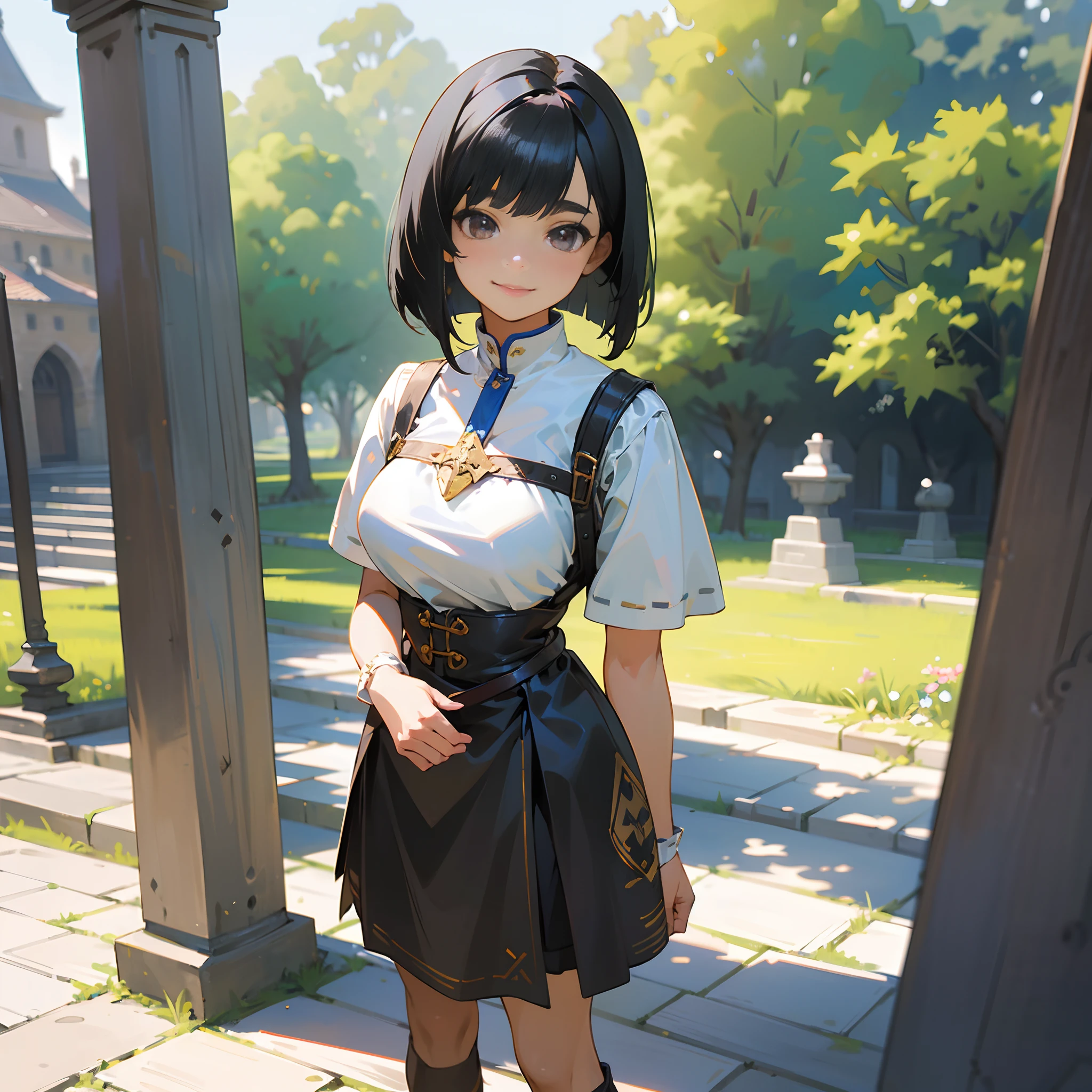 With the best image quality、Teenage girl standing alone outdoors。In high resolution、Beautiful fine details、tranquil atmosphere。(((Black Hair Bob Hair)))、Cute smile。((breasts are large))、I don't have anything in my hands、realistic hand、Medieval European national costume with short sleeves、Medieval European Streets、Leather shoes。