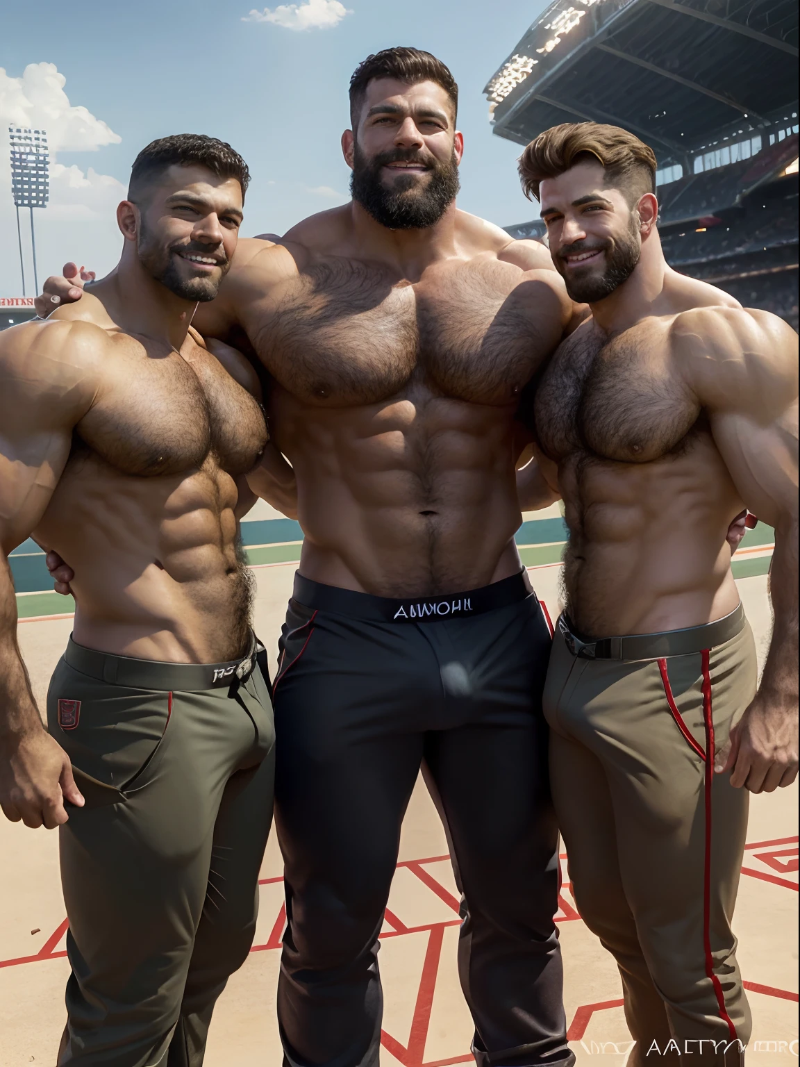 A three muscular Soviet Union soldiers on vacation, hairy body, alpha male, huge biceps, baseball pants, sunny stadium, snuggle together, threesome, smile, 4k, high detailed, beautiful, dark age, art by Stanley artgerm, by Daniel f gerhartz, by pino daeni, highly detailed, sharp focus.