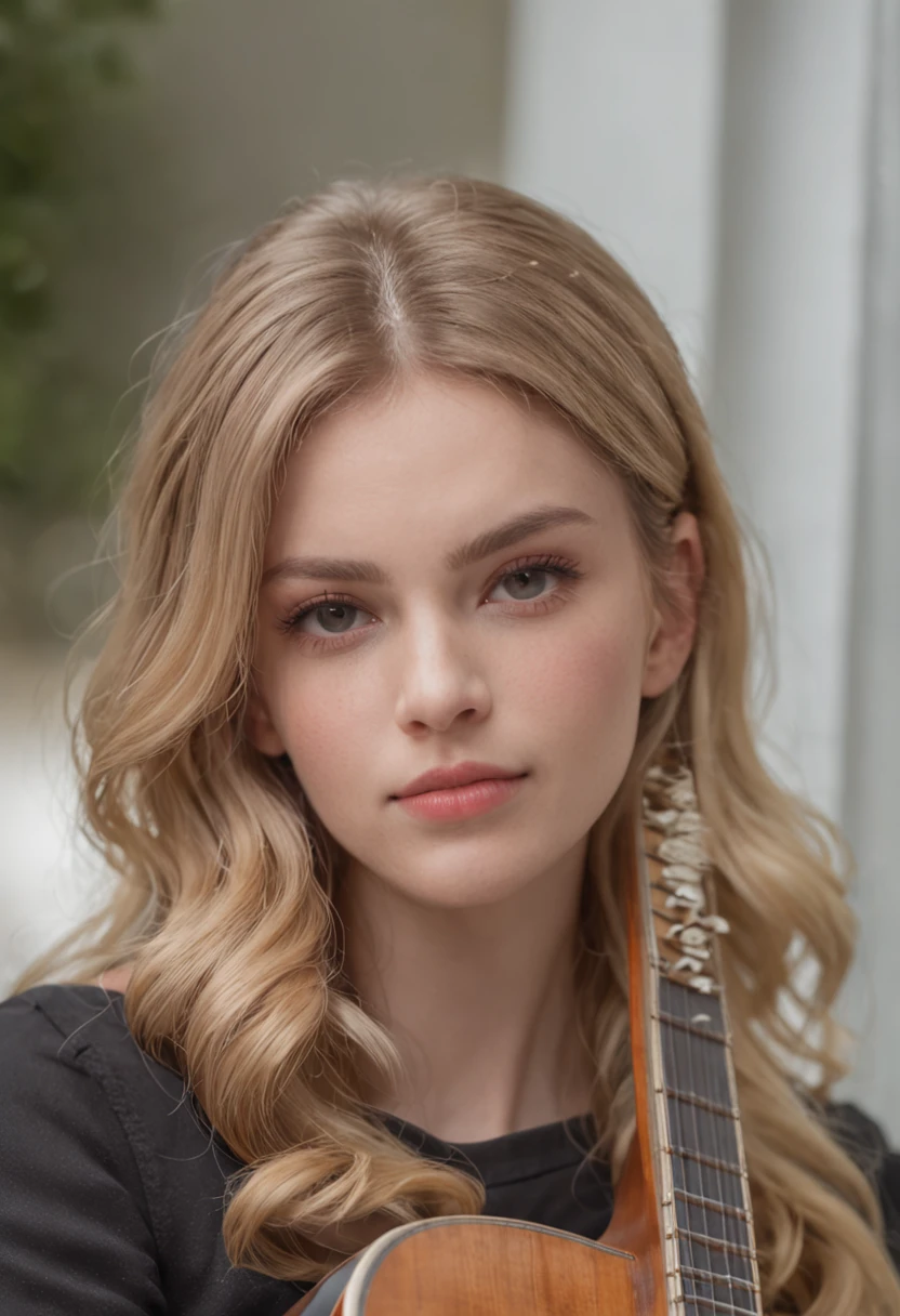 Young woman, blond hairbl, Dark eyes,Playing guitar(Show the guitar in its entirety), Face humans, The is very detailed, The best quality of realism, 8k ultra-realistic, high detal --auto --s2